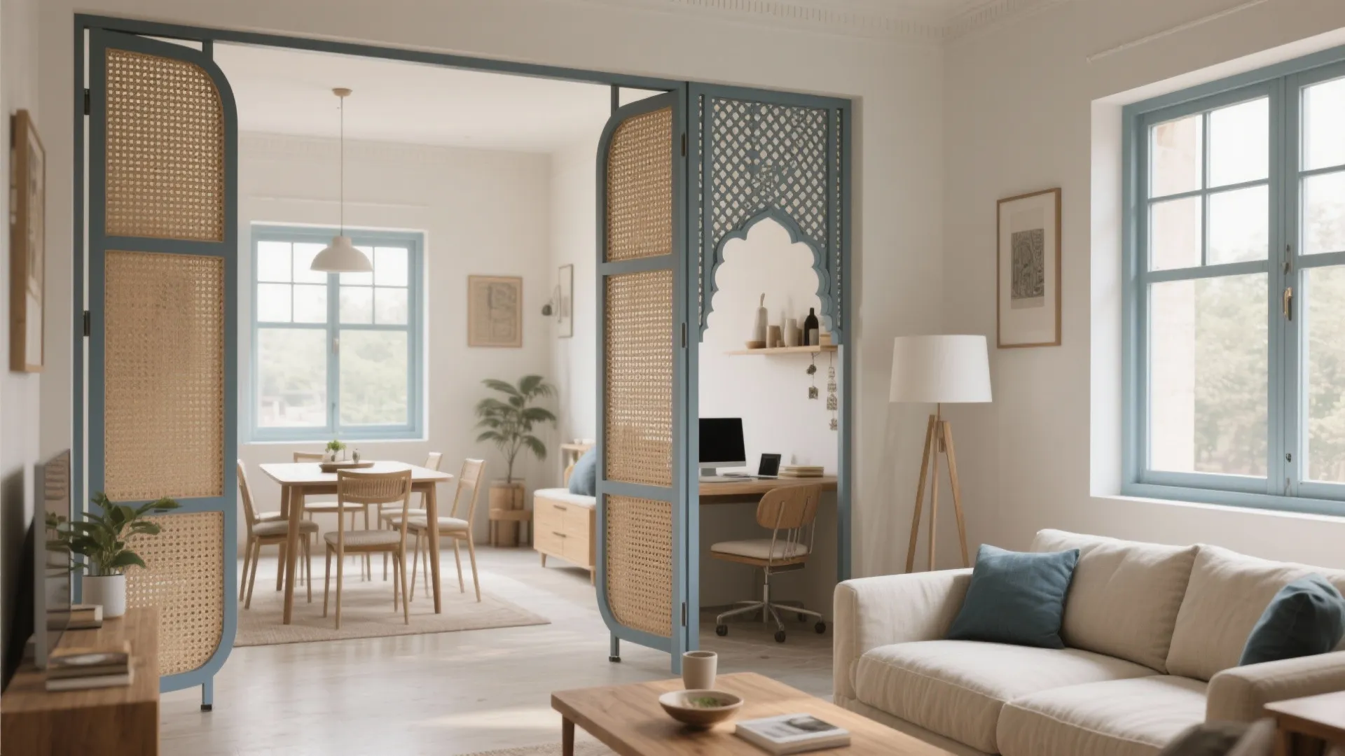 Sliding Jharokha Screens for a Flexible Living–Dining