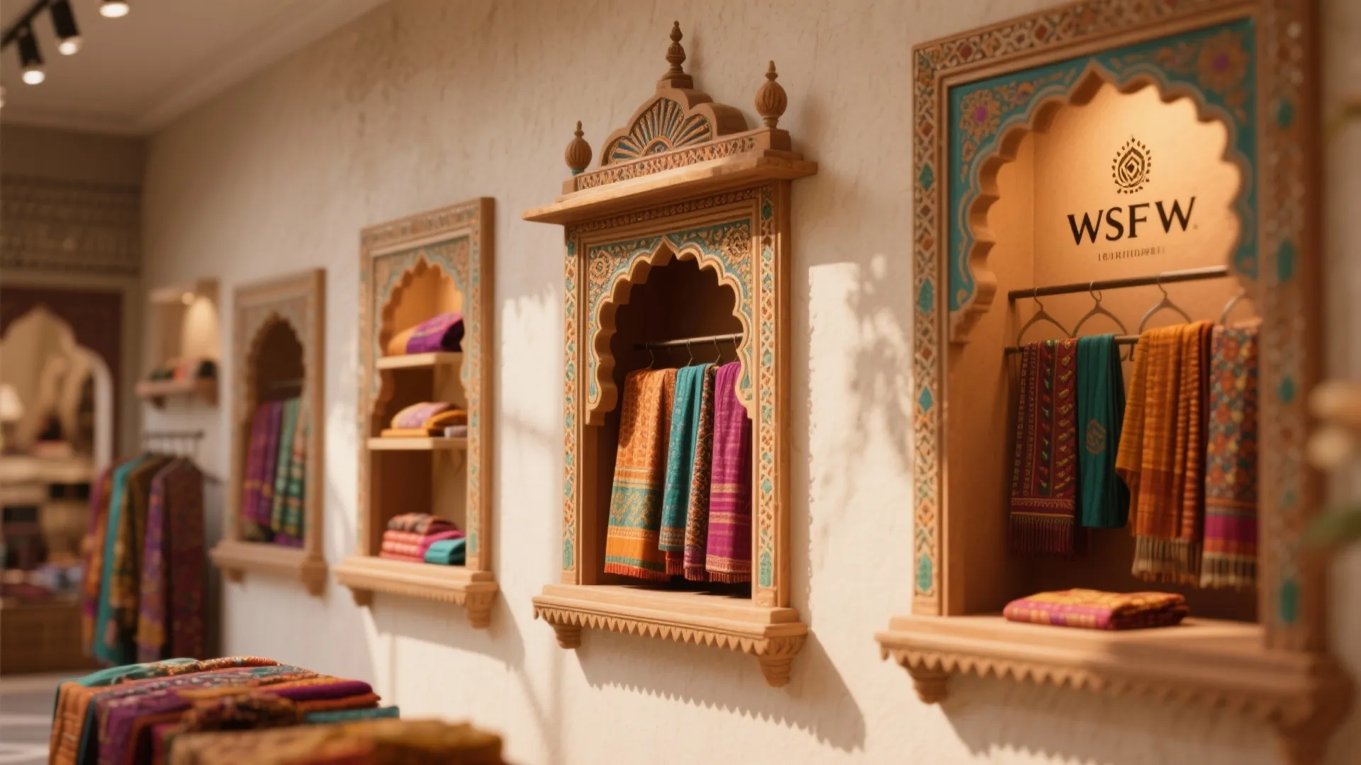 Decorative wall alcoves displaying colorful scarves and fabrics in a warm and bright retail shop