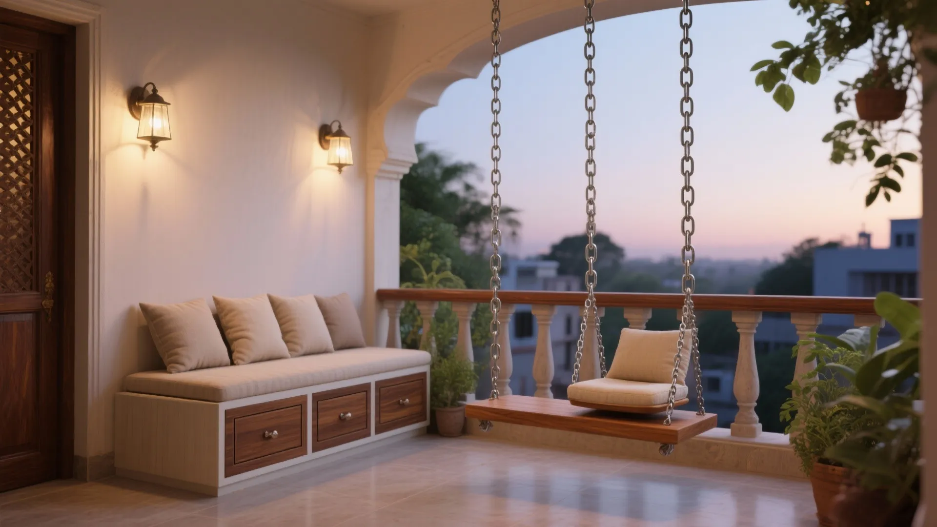 Cozy balcony with a wooden swing chair, comfortable sofa seating, wall lights, and sunset view