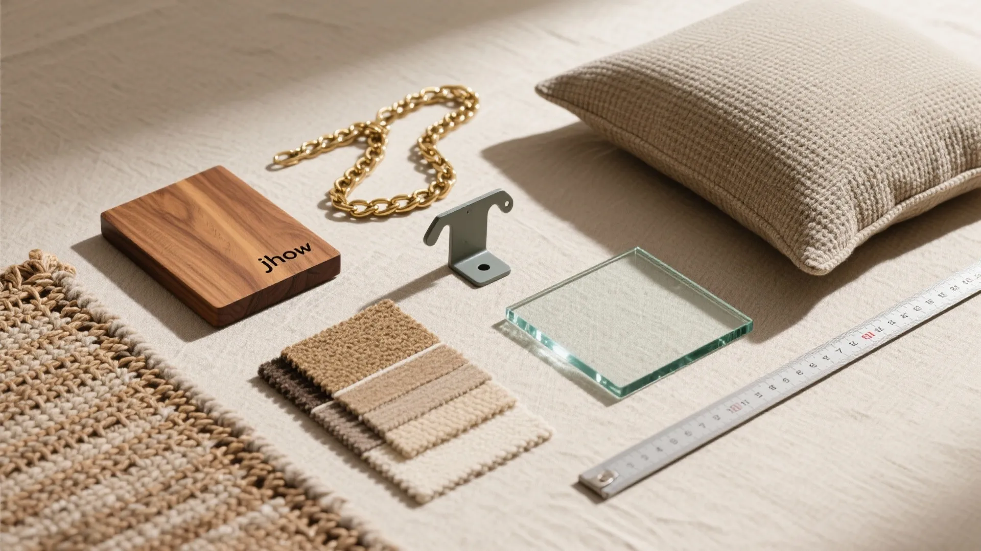 Interior design mood board with wood block, metal chain, fabric samples, pillow, glass and ruler