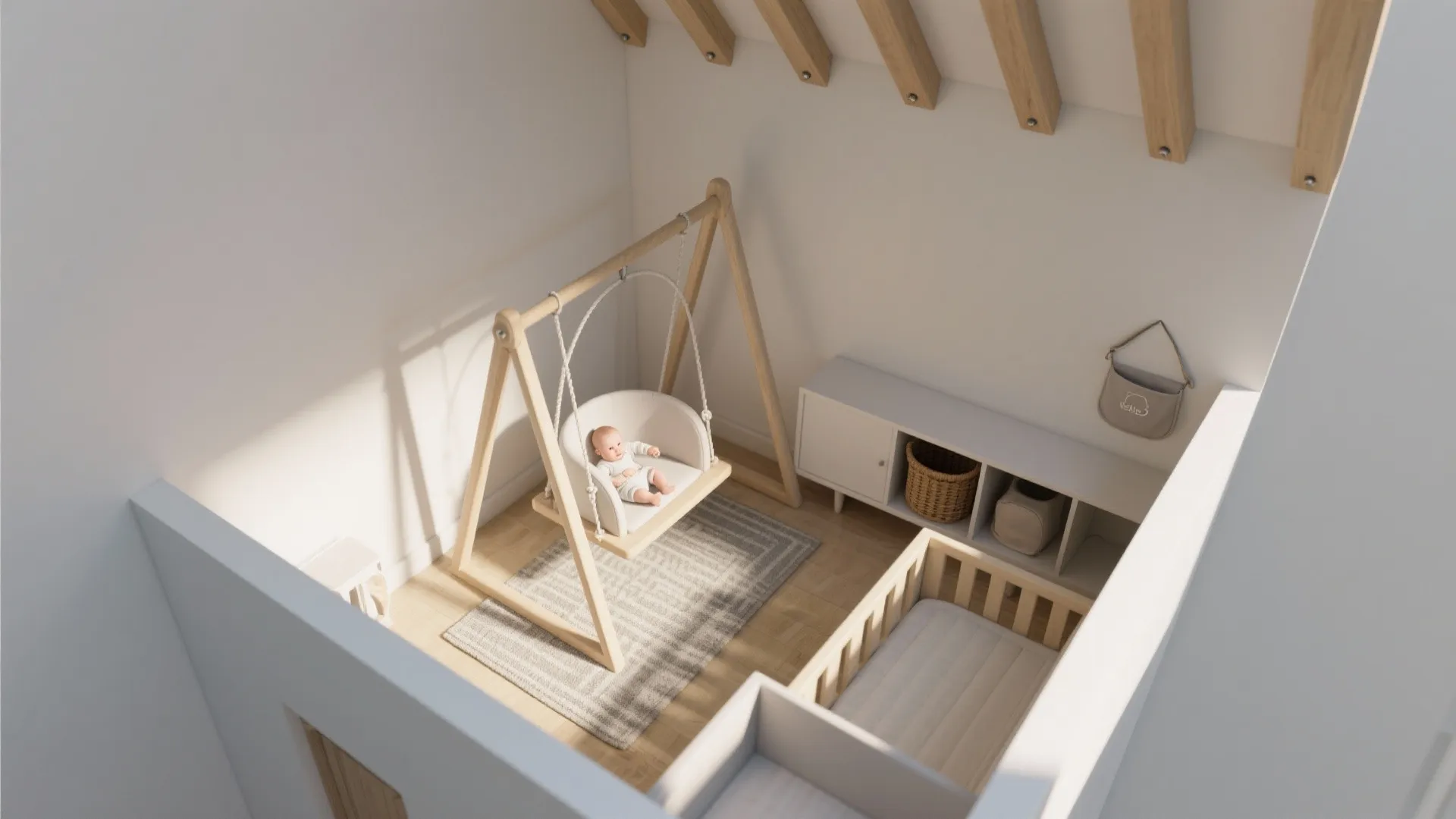 Top down interior design drawing of baby nursery with wooden swing white cabinet and small bed