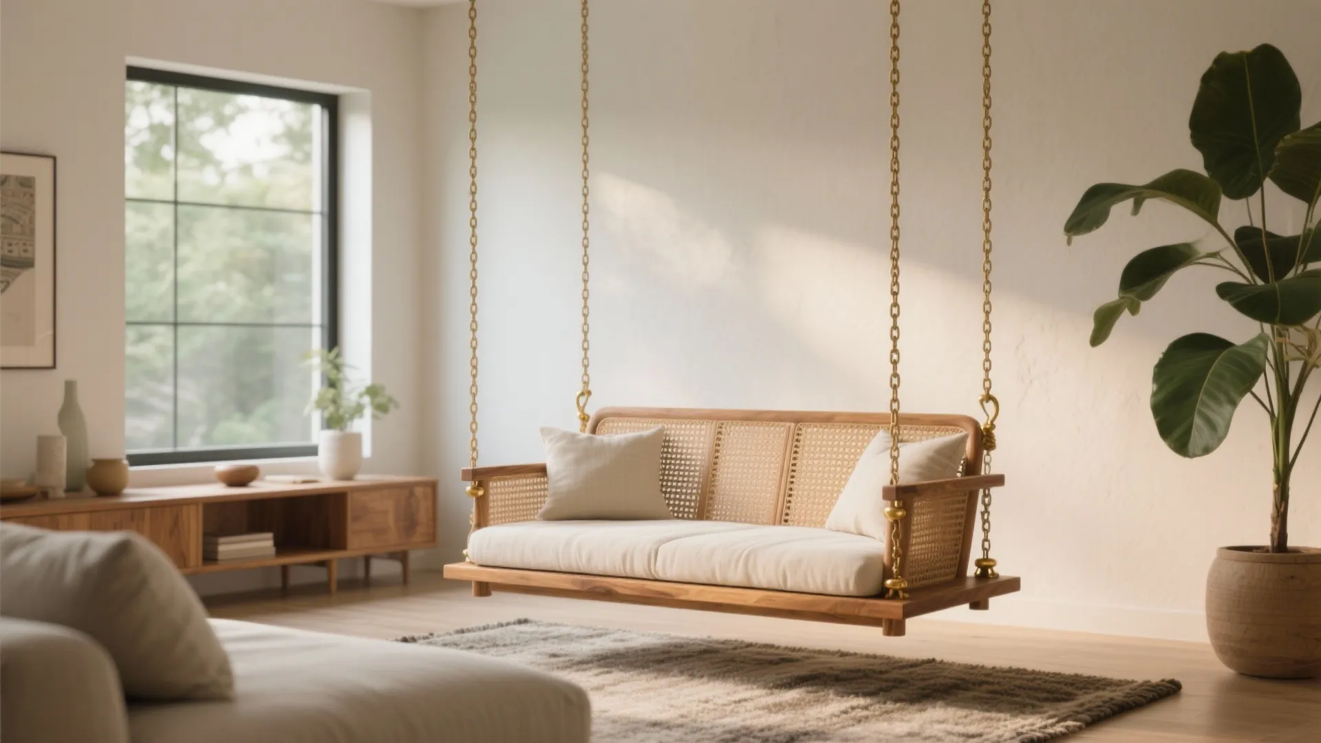 Bright living room featuring a hanging wooden sofa with gold chains and a large plant