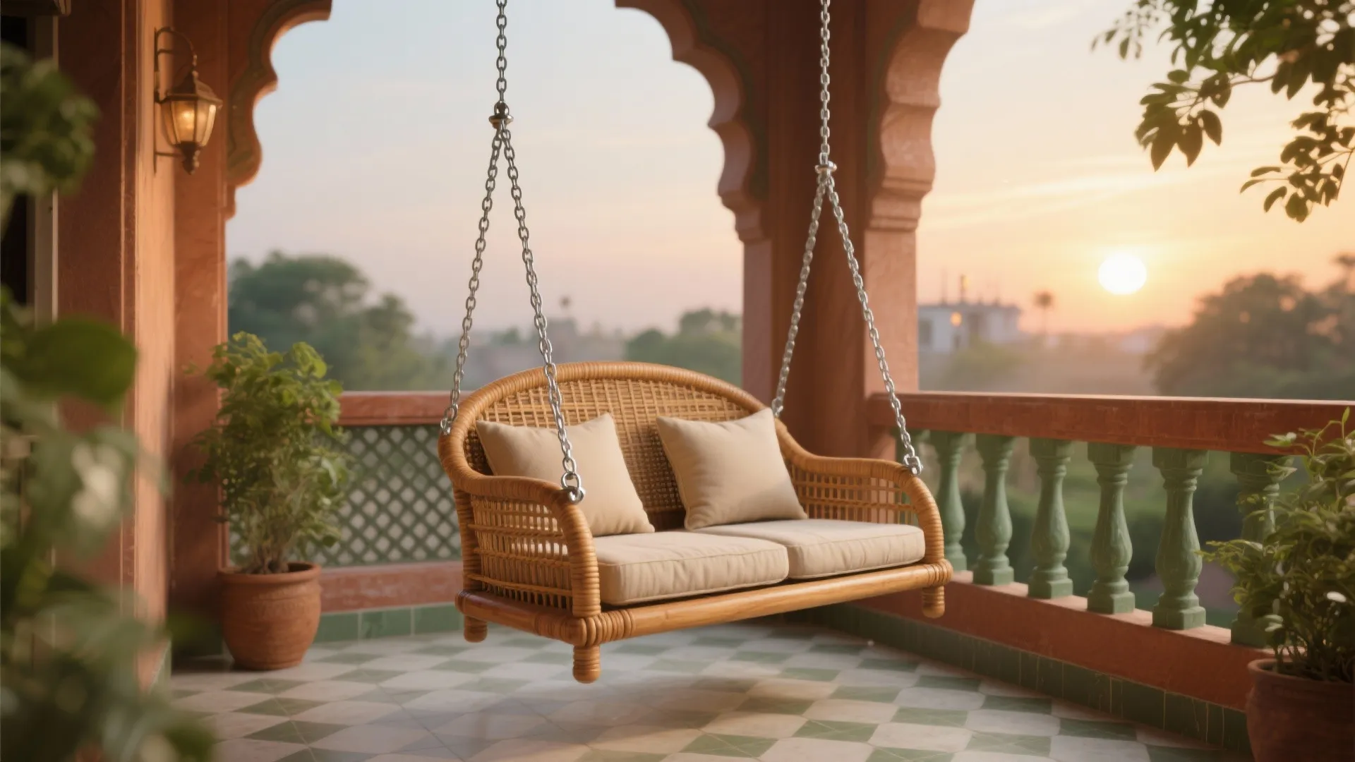 Woven outdoor swing chair with white pillows hanging on a balcony during a bright sunset