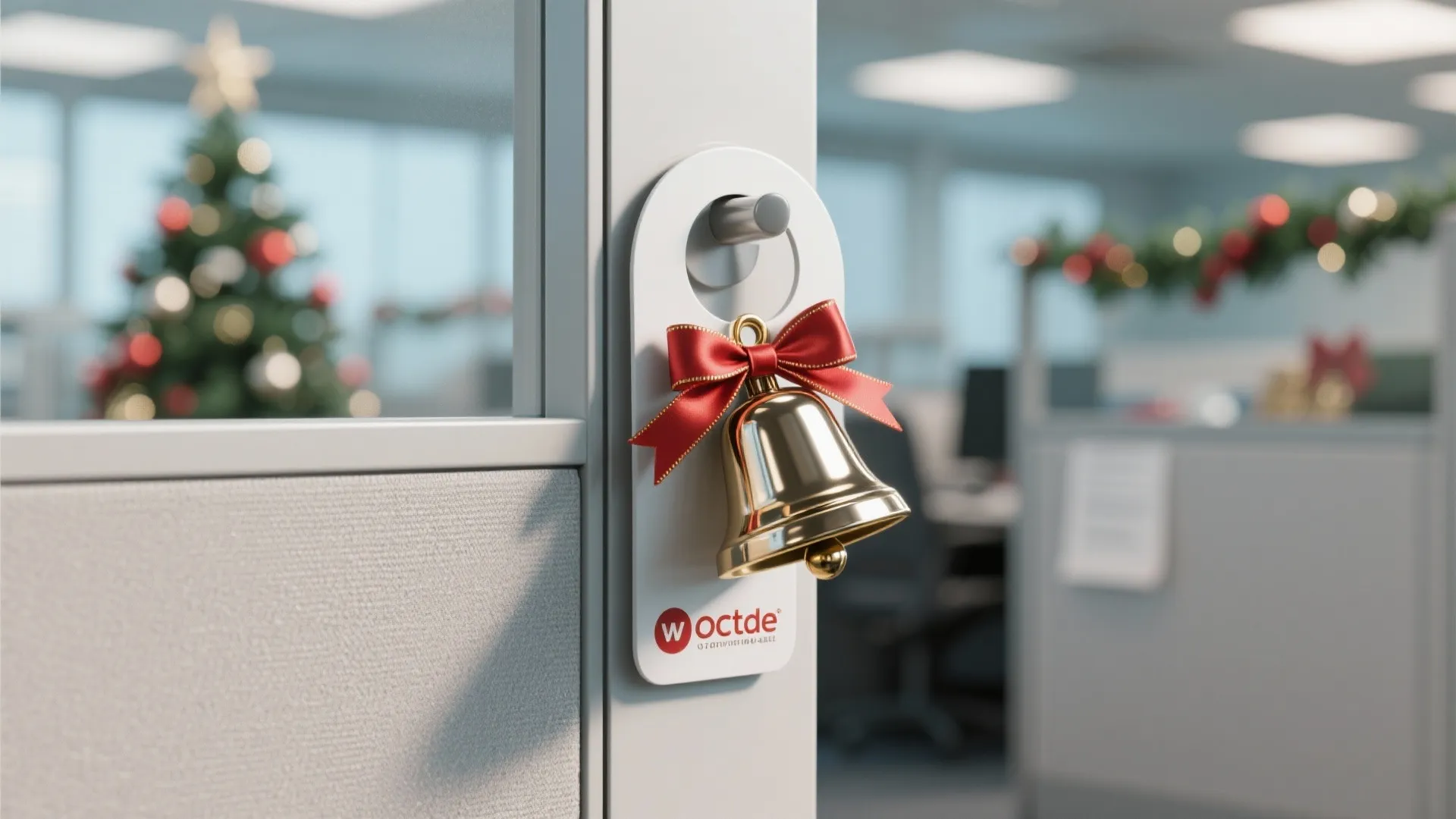 Golden bell with a red bow hanging on an office door handle with blurred background