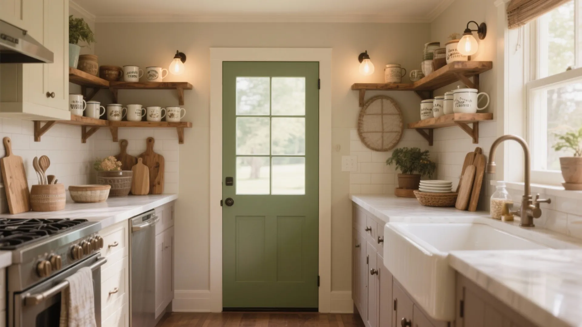 Farmhouse kitchen with green door white sink wood wall shelves and warm wall light fixtures
