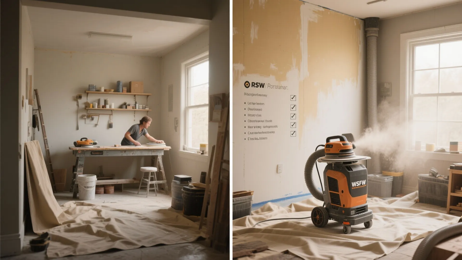 Split composition: hand-sanding setup for a small room and a rental random-orbit sander with dust collection for large walls, plus an efficient tool layout.