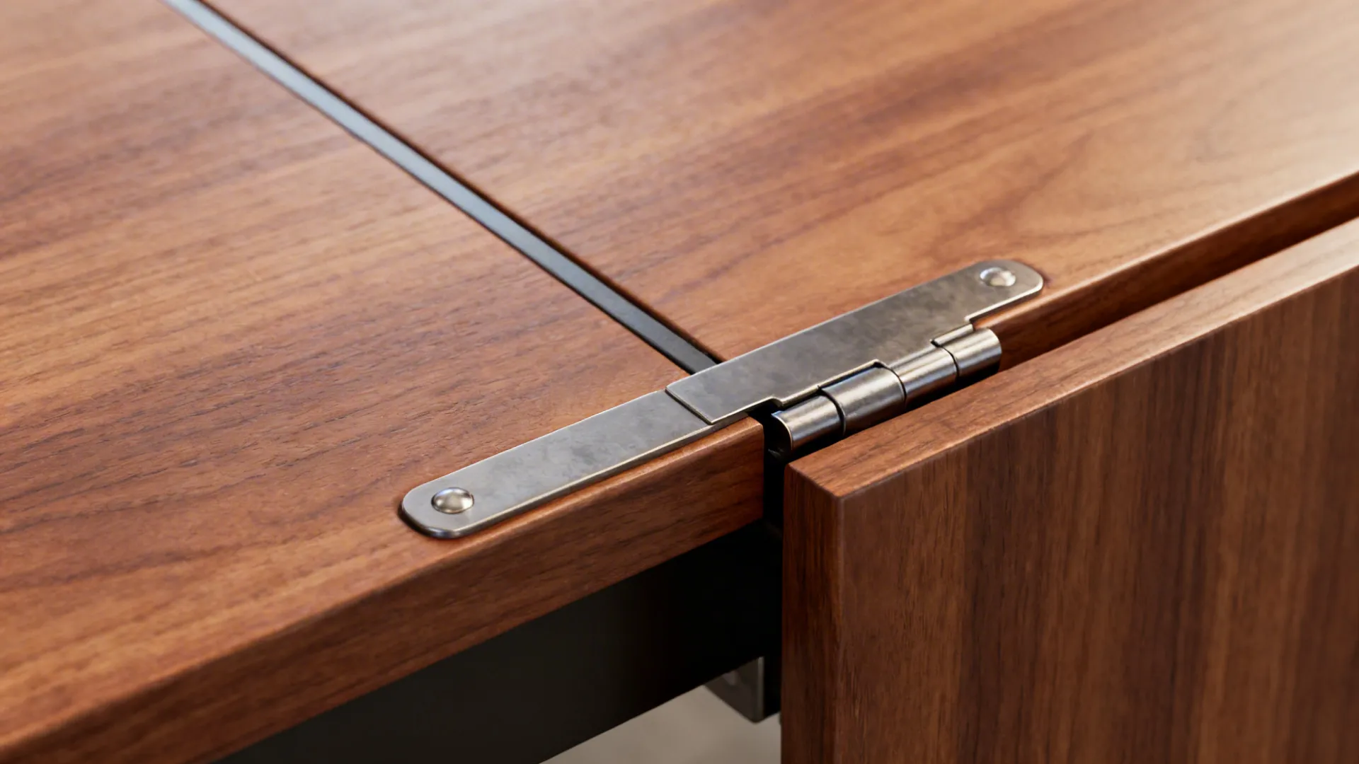Close up of a metal hinge connecting two pieces of a dark brown wooden table