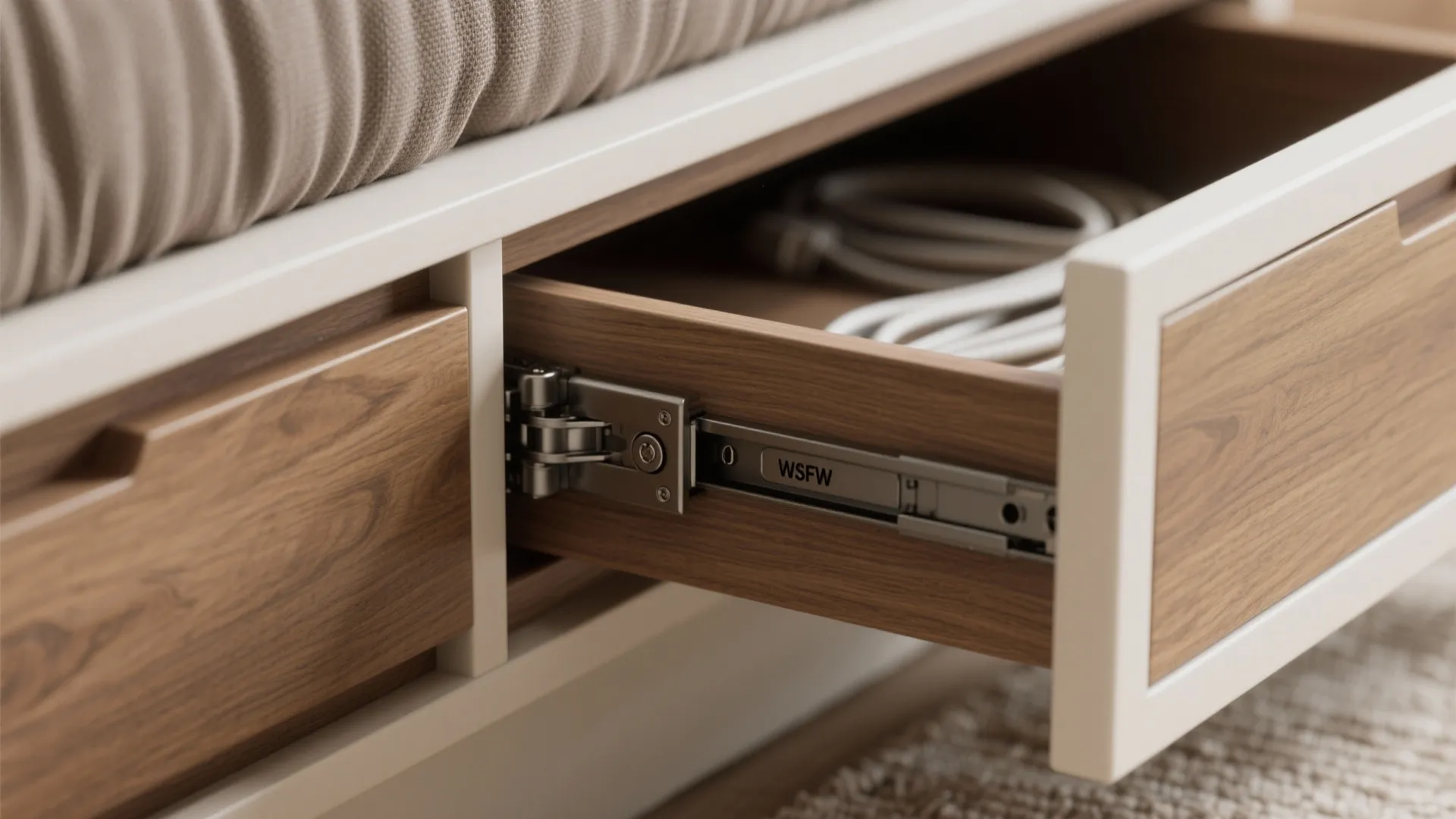 Close-up of custom joinery hardware and finishes for flexible furniture solutions.