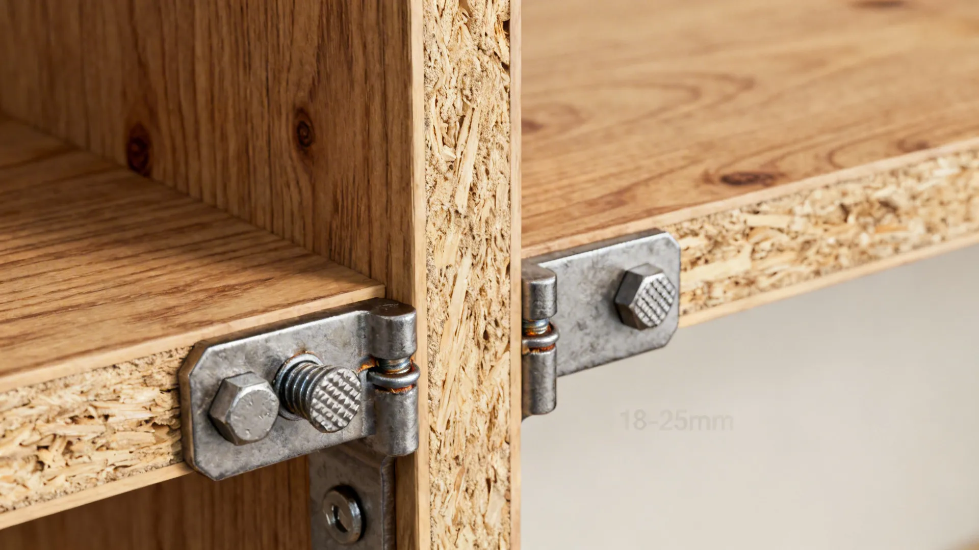 Close-up of shelf joinery, plywood thickness samples and anti-tip anchoring hardware