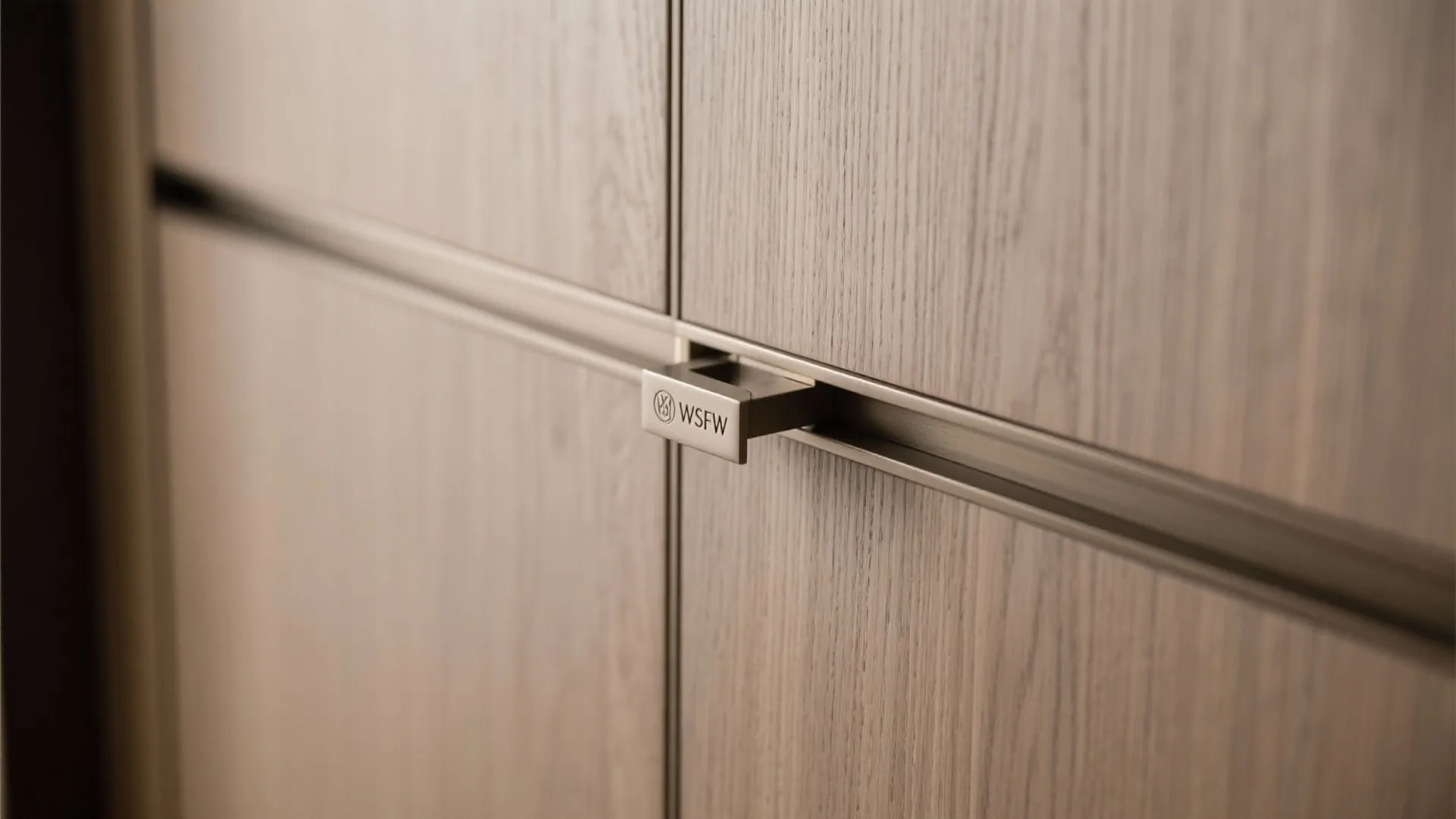 Macro of oak veneer joinery with soft-close track and brushed metal pull.