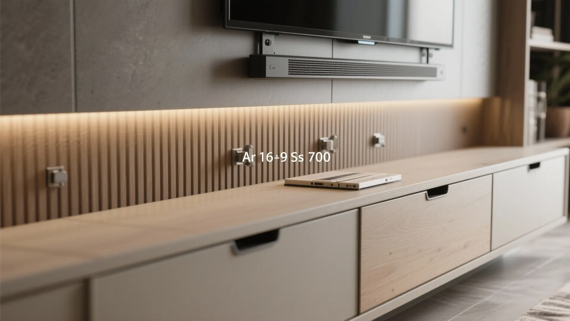 Close up of a wooden cabinet with ventilation detail and strip lighting under a wall television
