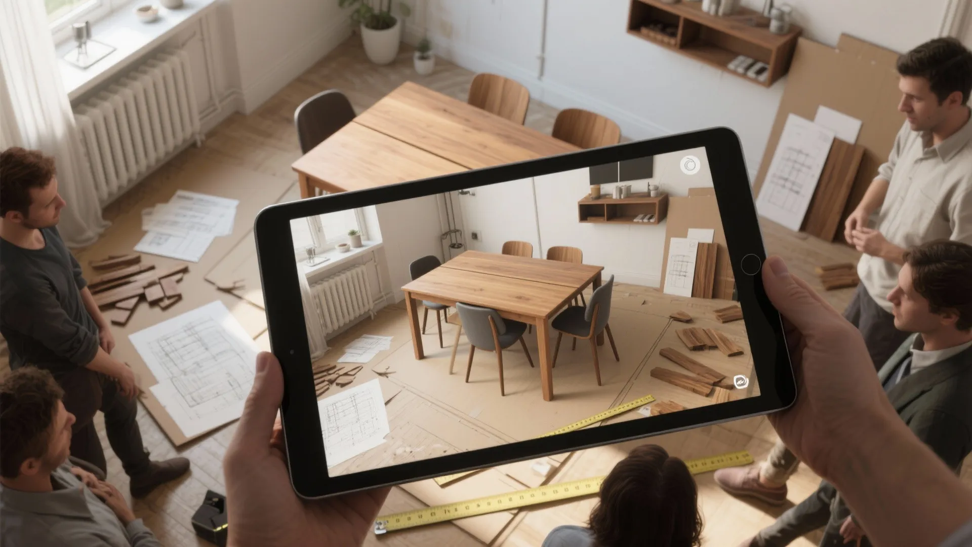 Tablet showing a 3D room design over an actual room layout under renovation with people