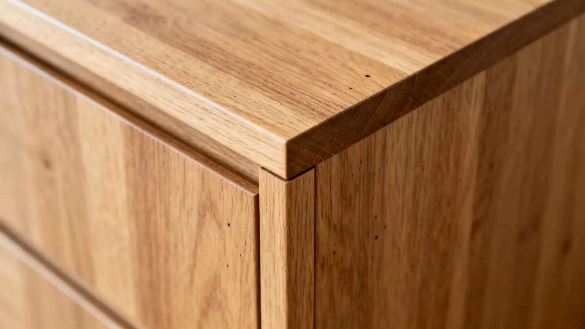 Macro of oak drawer joinery with clean edge banding and aligned grain.