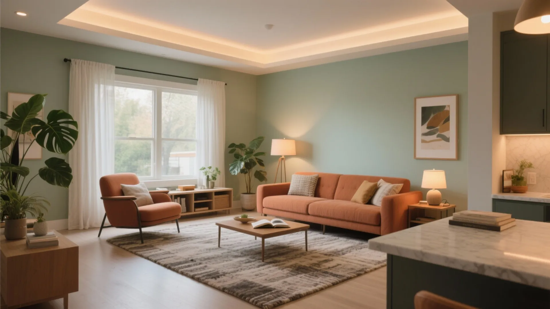 Modern living room with green walls orange sofa wooden coffee table floor plants and ceiling light