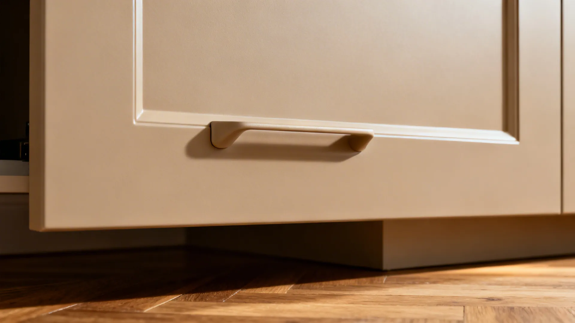 Macro of matte lacquer slab door with integrated J-pull and precise reveal under warm light.