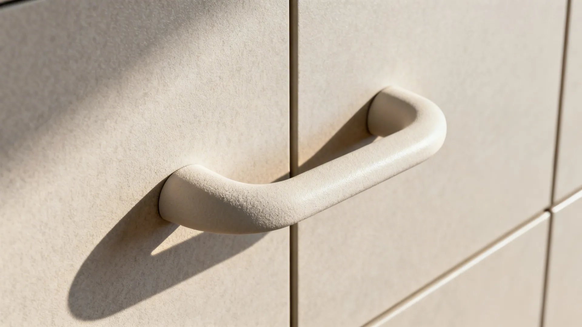 Macro of a continuous J-pull handle profile on a matte cabinet door with precise alignment.