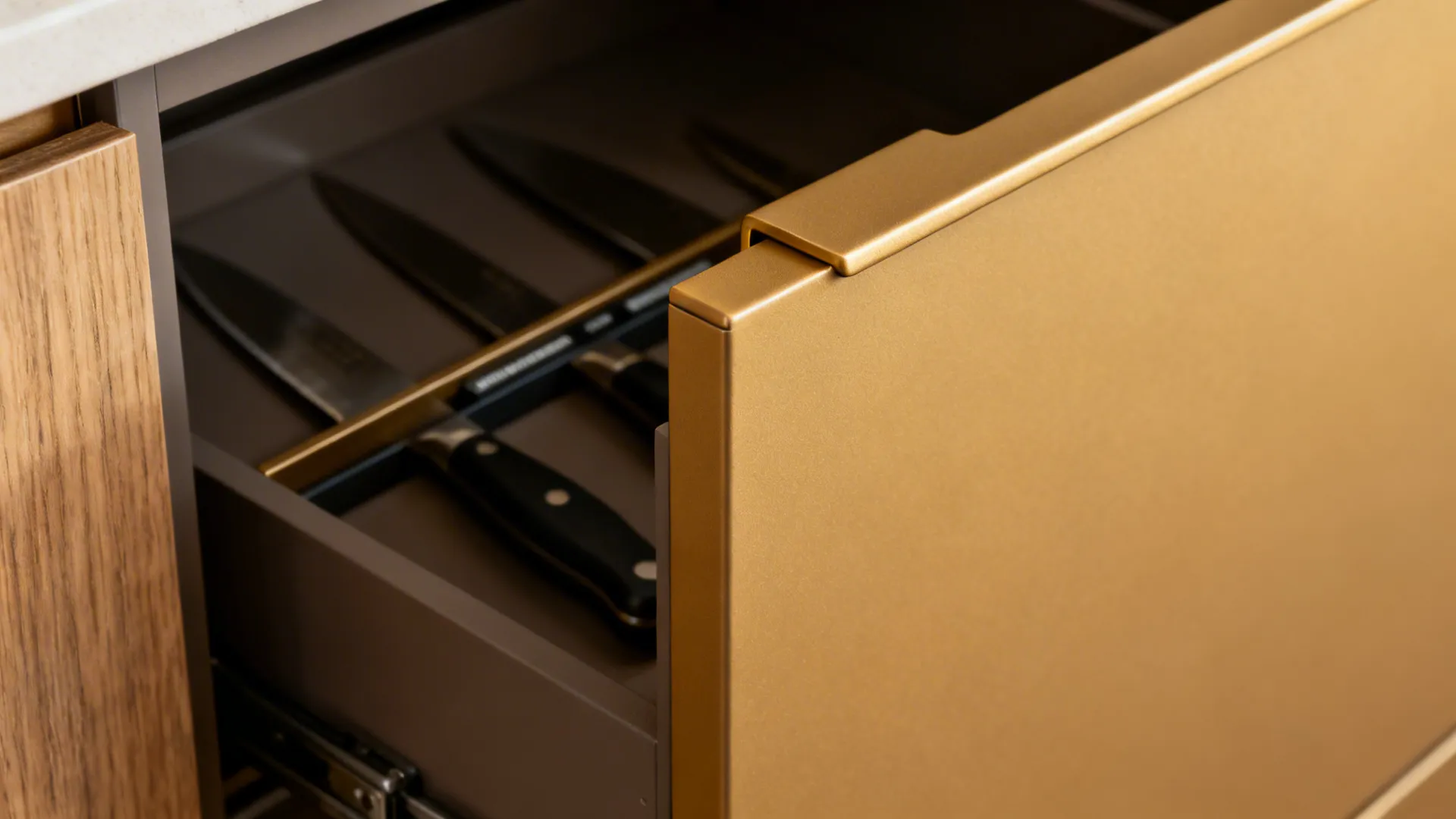 Close up of an open gold kitchen drawer showing a magnetic knife holder with knives