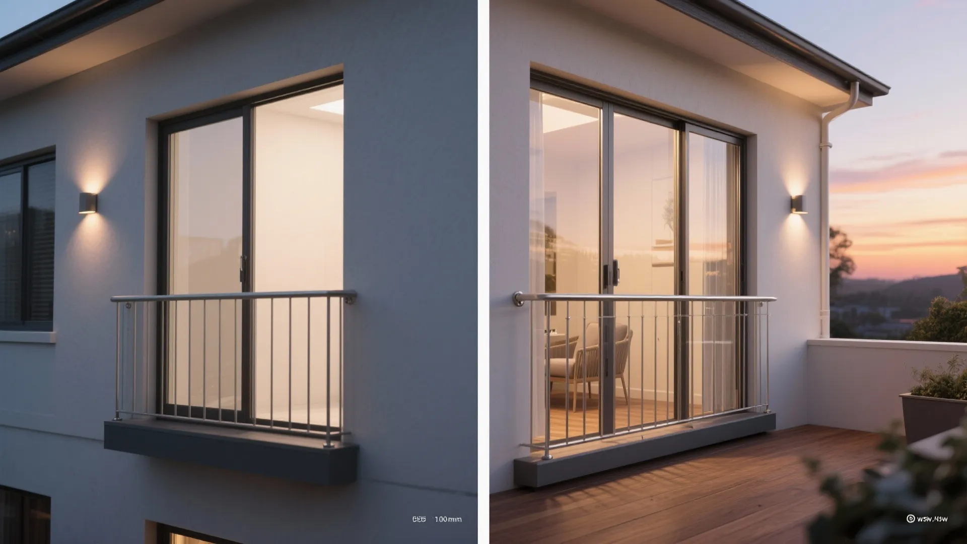 Side by side comparison of a narrow metal balcony railing versus a wide wooden deck