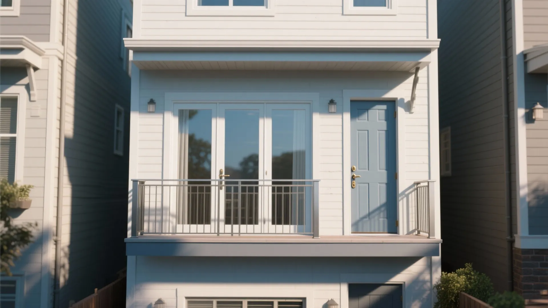 Townhouse French doors open to a Juliet railing that boosts light and ventilation.