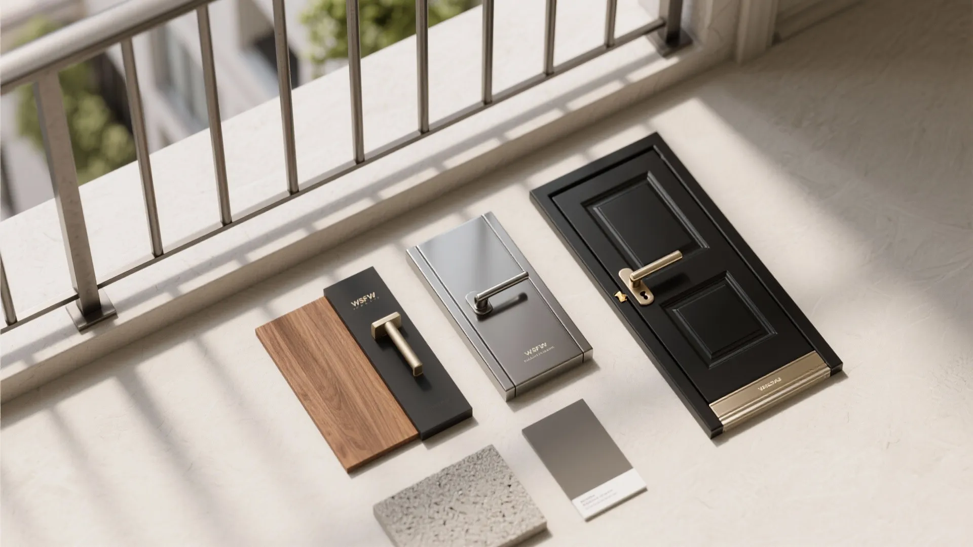 Flatlay of Juliet balcony materials including metal rail samples, door hardware, and wood accents.