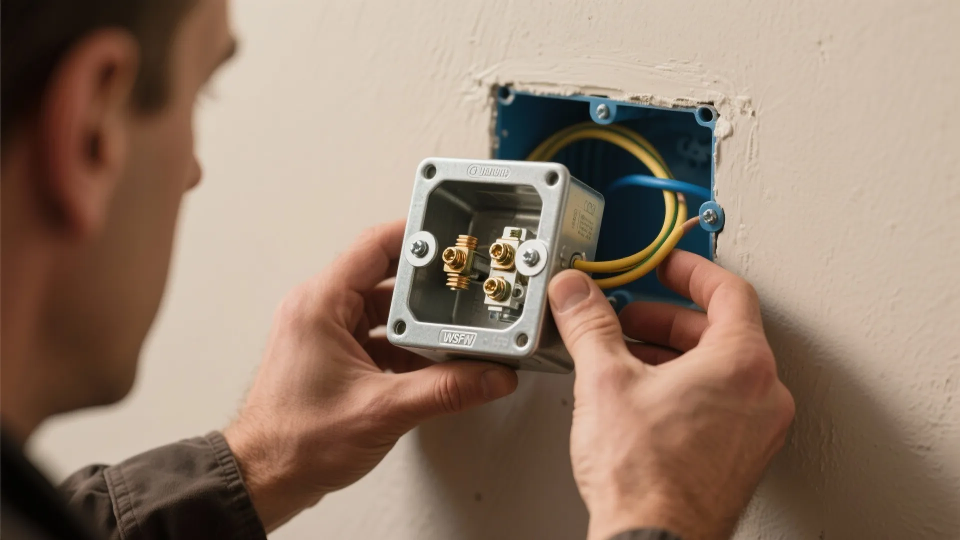Person hands installing metal electric box with yellow wires into blue plastic wall mounting hole
