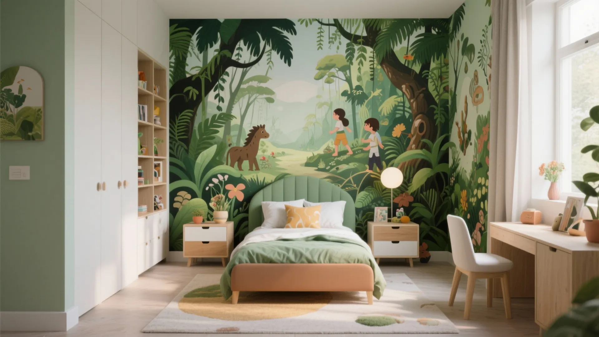 Kids bedroom featuring a jungle themed wall mural green bed white wardrobe and wooden desk furniture