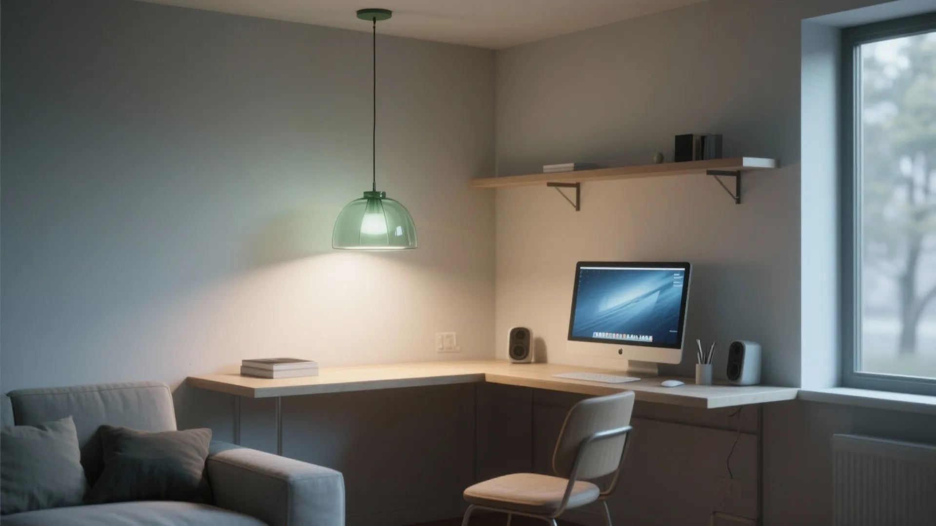 4. Pendant with Frosted Glass over a Compact Desk
