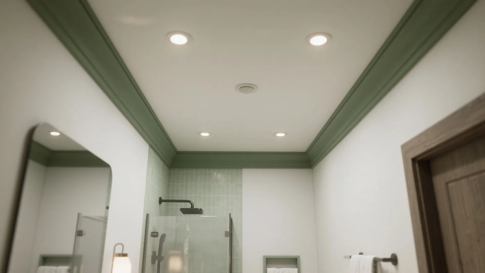 5. Recessed Accent Lights with Juniper-Green Trim in a Bathroom