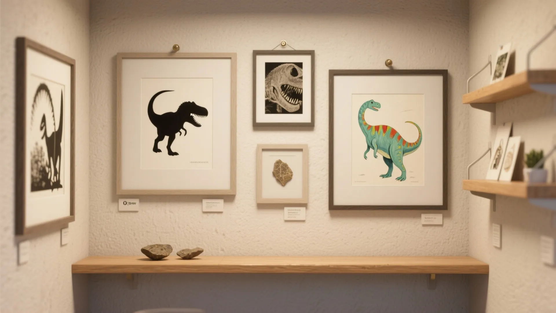 Gallery wall featuring dinosaur themed artwork in wooden frames with a matching shelf and small plants