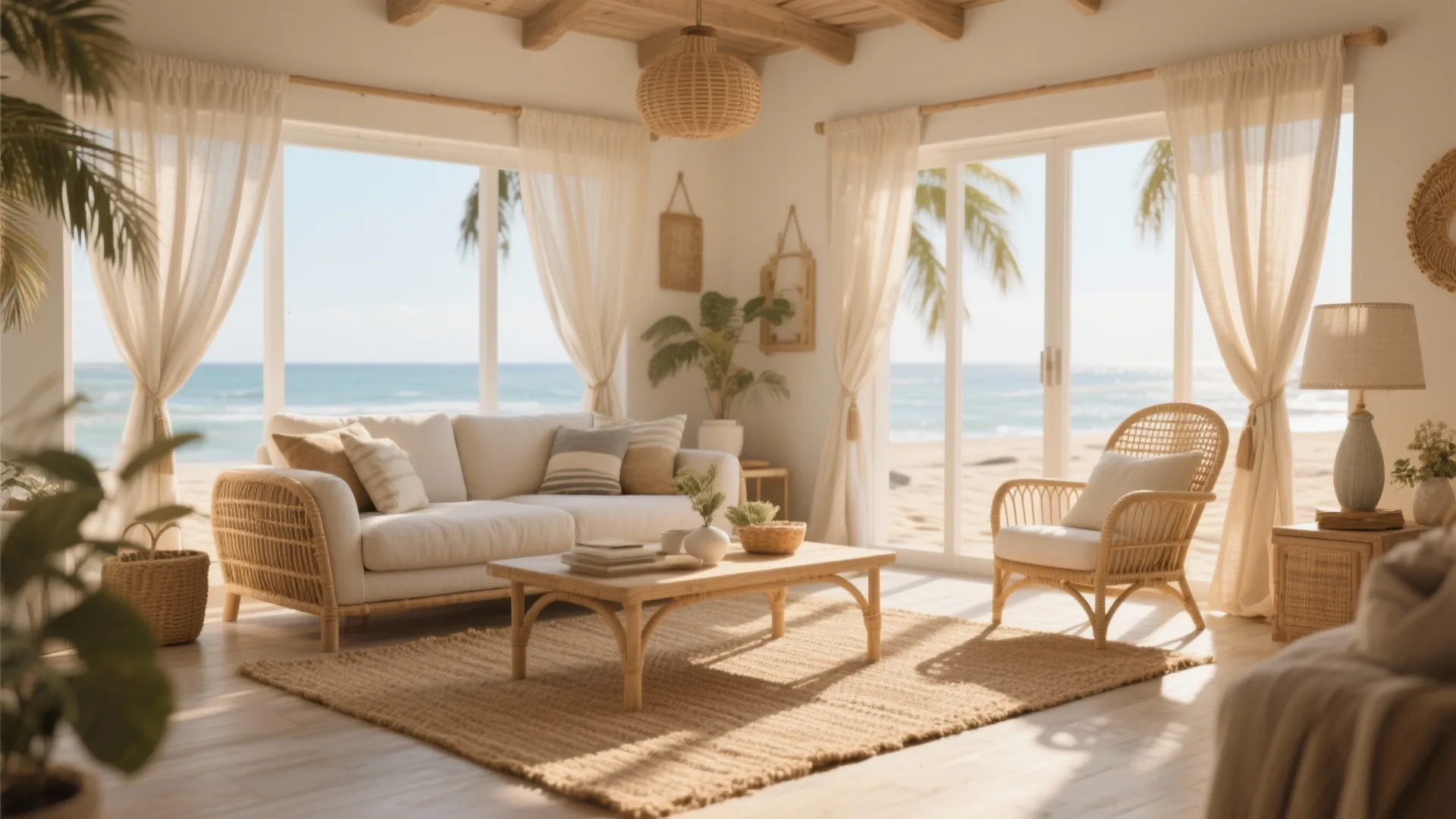 Coastal living room with jute rug white sofa rattan chair wooden table and beach view