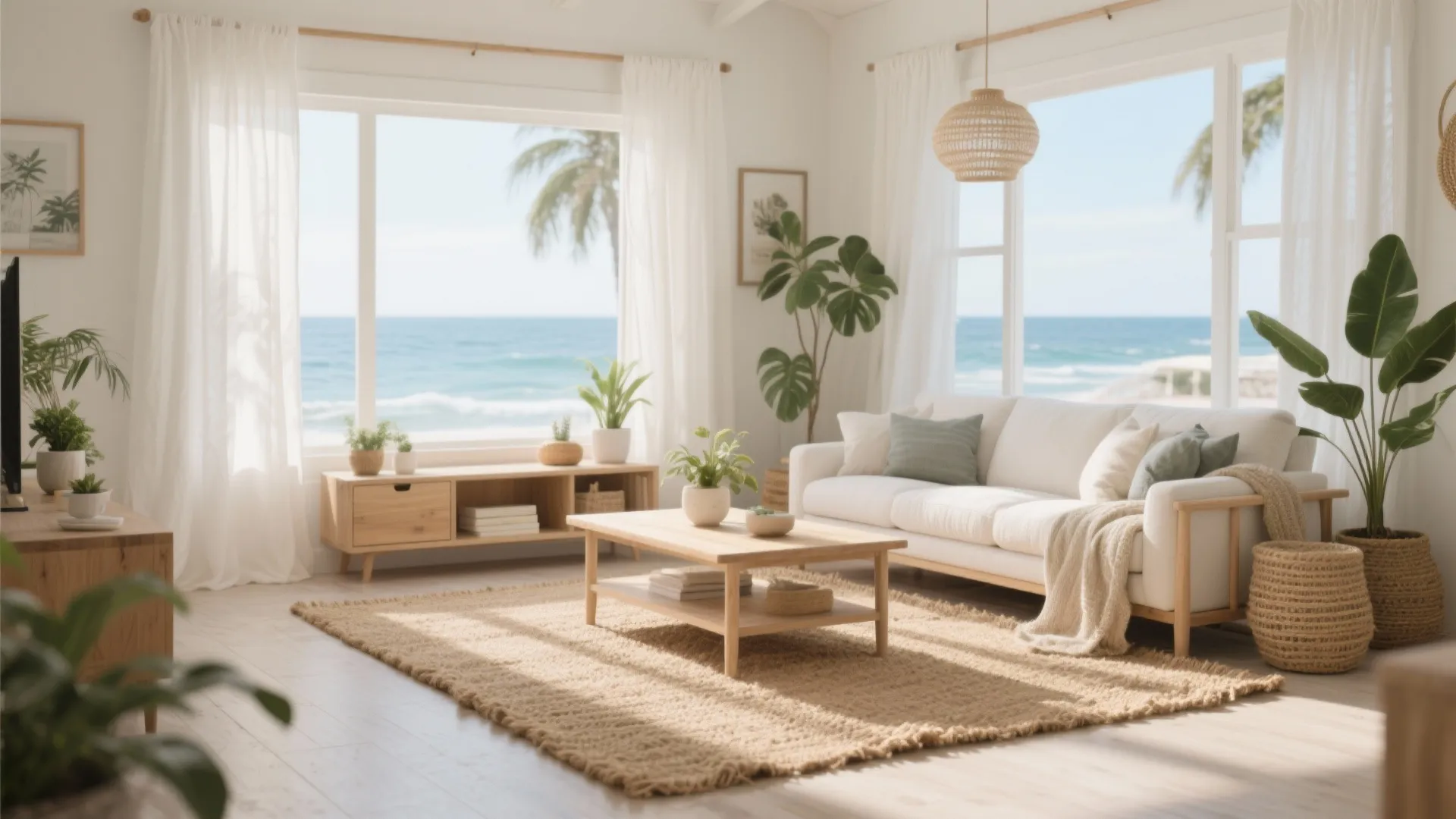 Natural jute 8x10 rug in a bright coastal-themed living room
