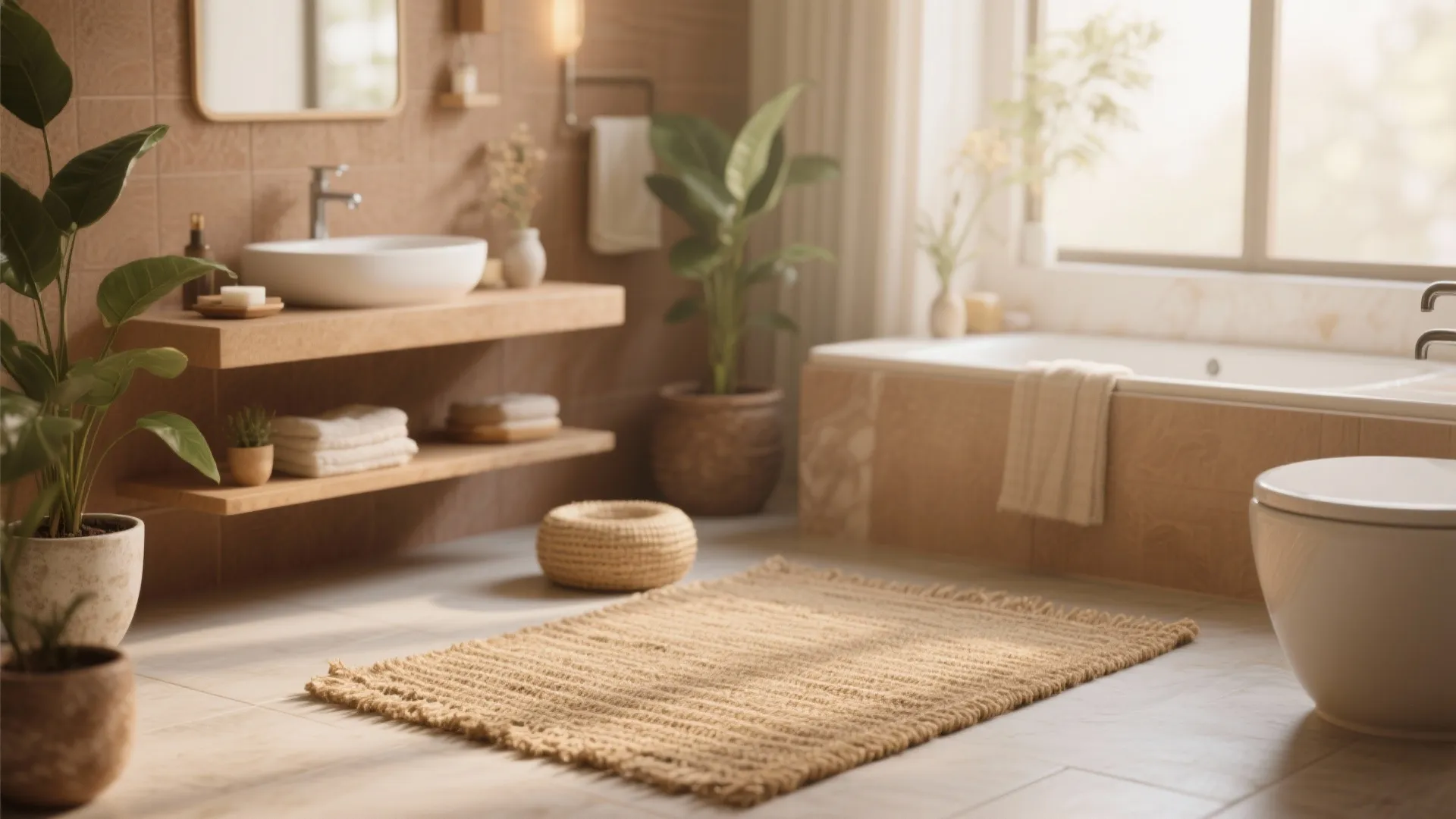 Natural jute bathroom rug on tile floor with wooden shelves white sink and green plants
