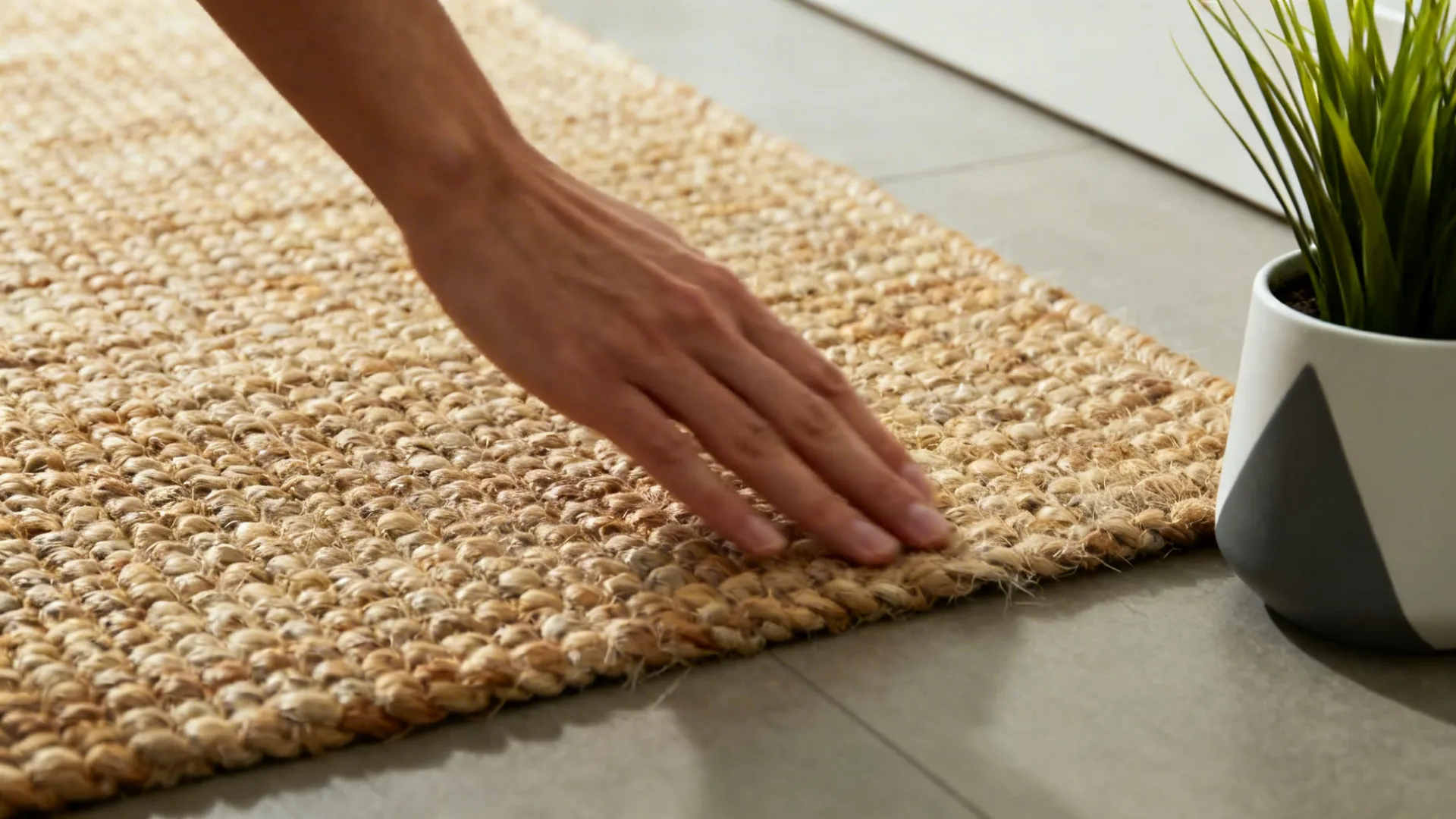 Macro of a jute-blend rug with tight weave and protective finish showing natural texture.