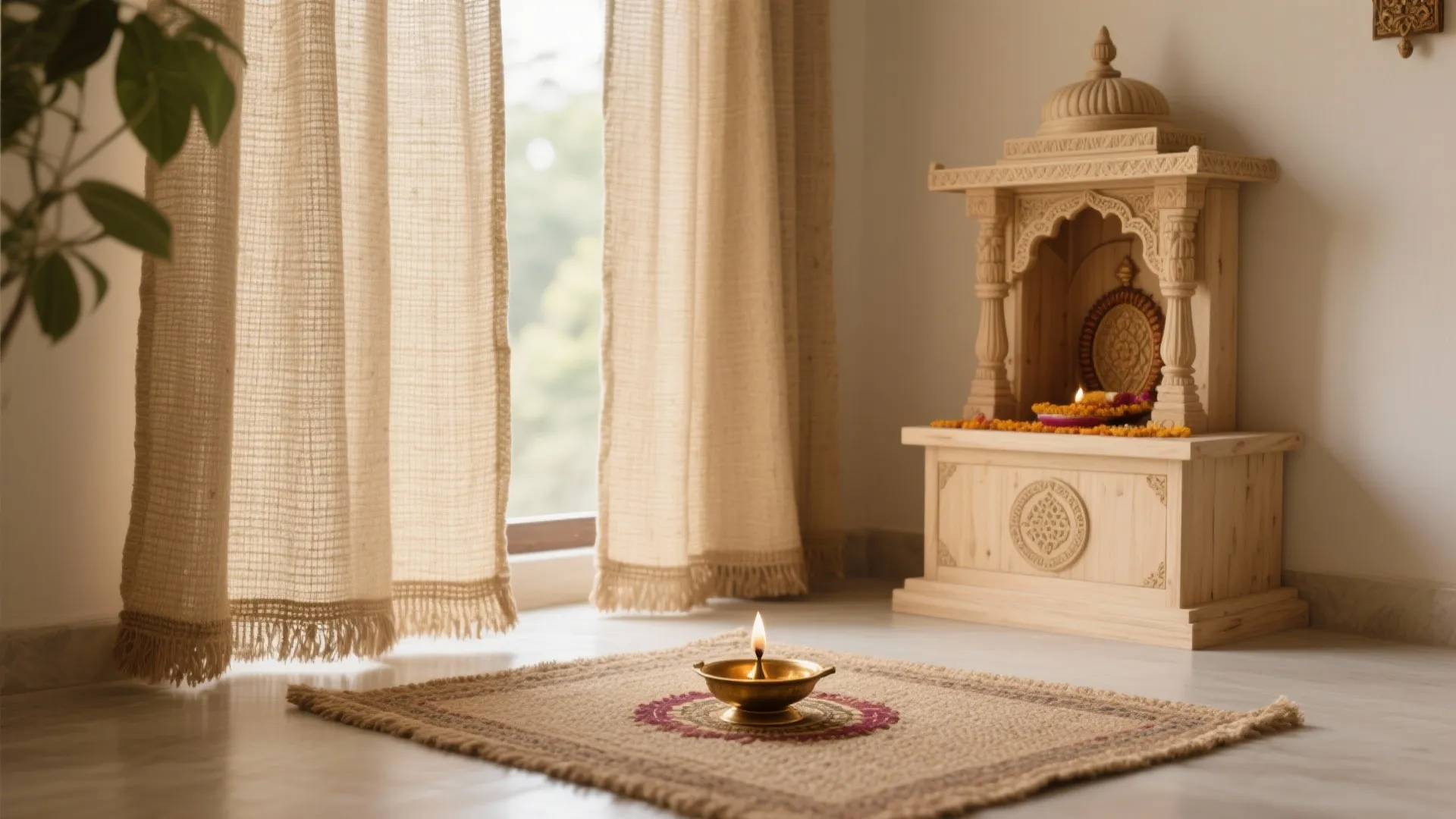 Wooden prayer altar in room with light curtains and small candle bowl on jute rug