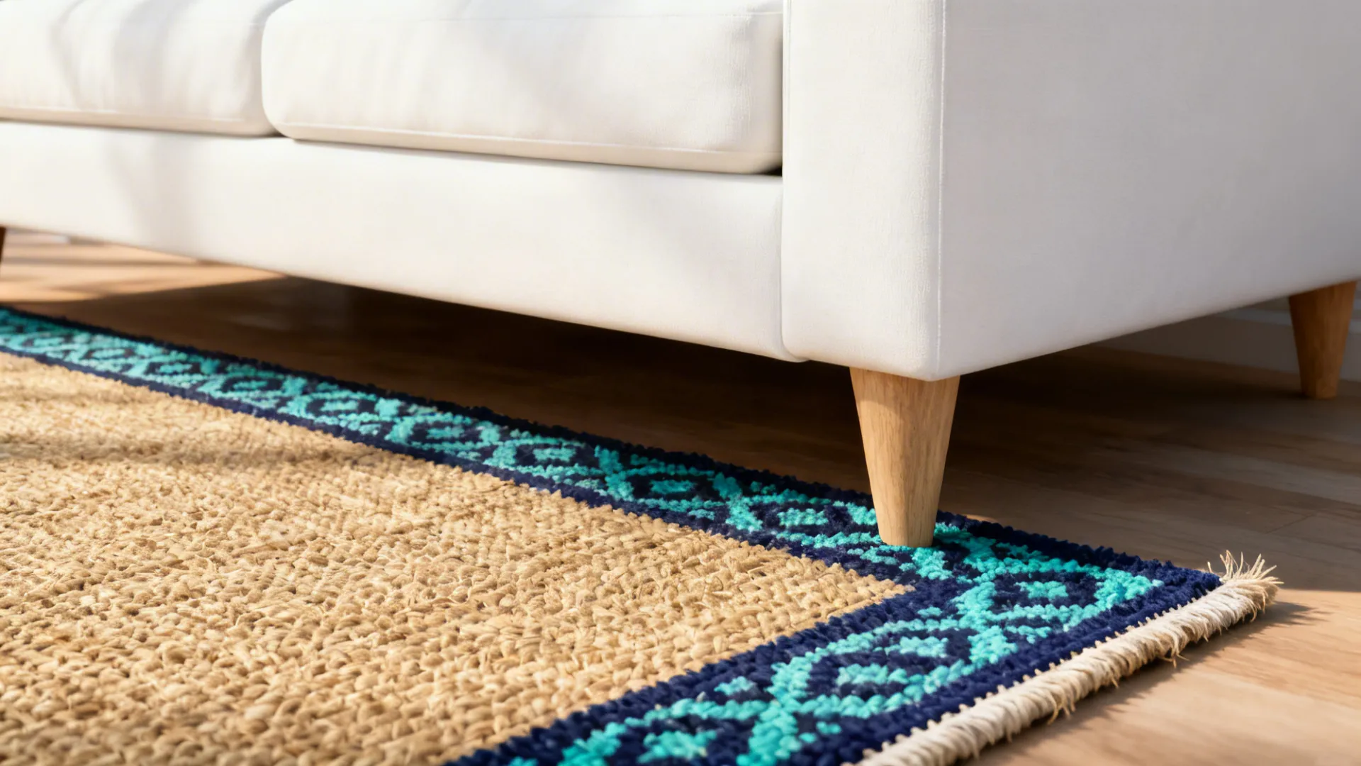Jute rug with navy-and-aqua border anchoring a white sofa in a coastal living room.