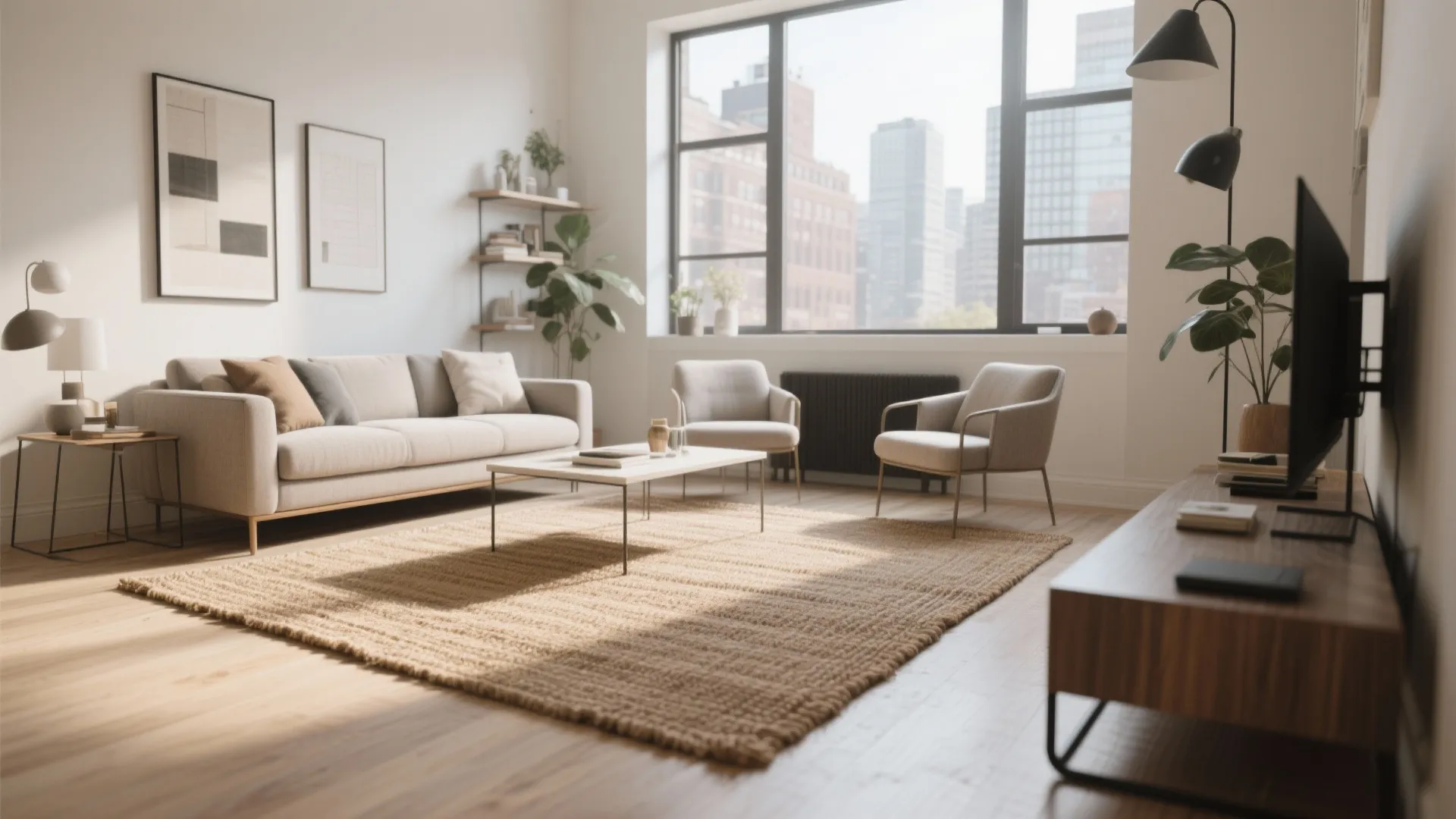 Bright living room with beige sofa two chairs jute rug large window and city view