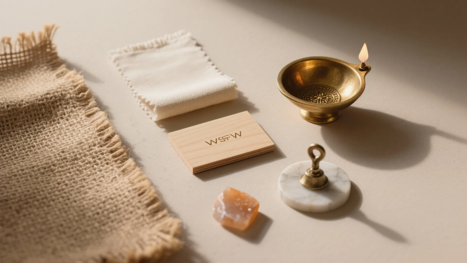 Flatlay of fabric samples with small wooden block and metal candle holder on white surface