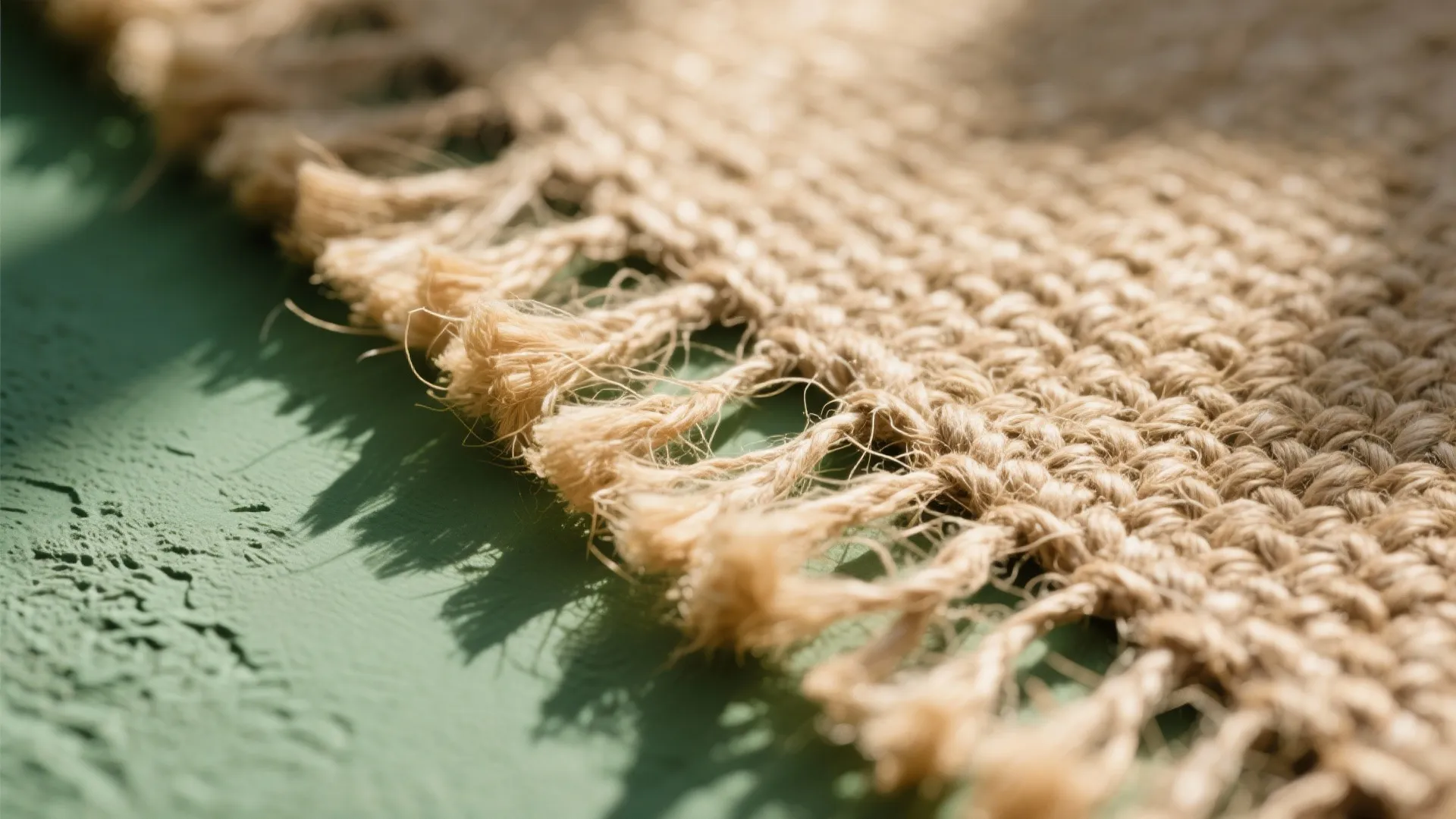 Close up of woven rug with tassels on green floor with natural sunlight and shadows