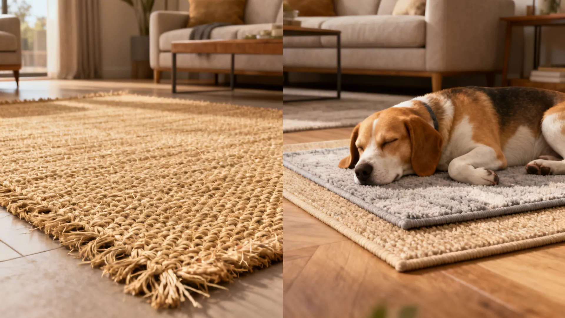 Before-and-after view showing bare jute rug vs layered jute with small washable rug for pet comfort