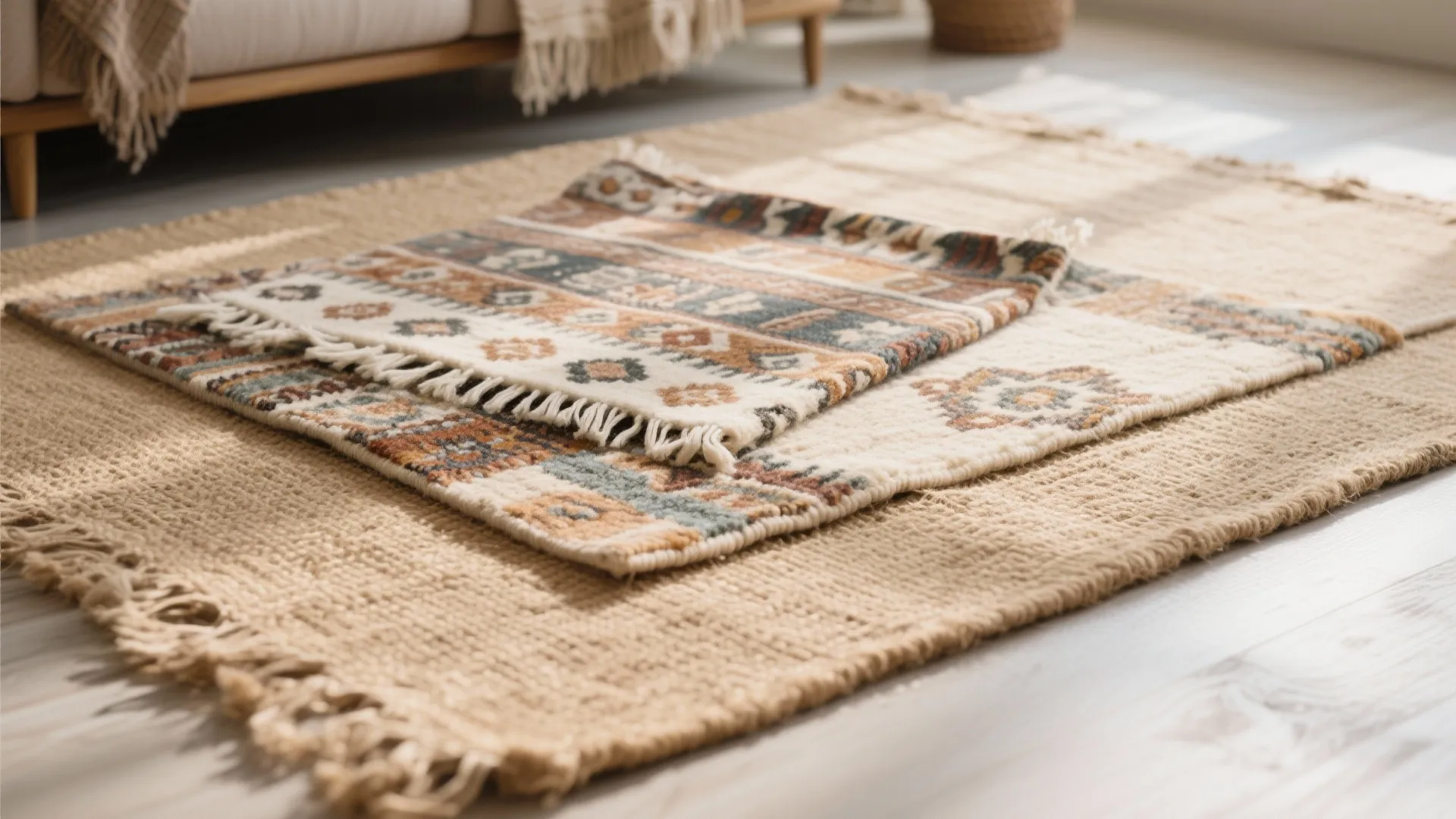 6. Natural Jute Layered under Rugs