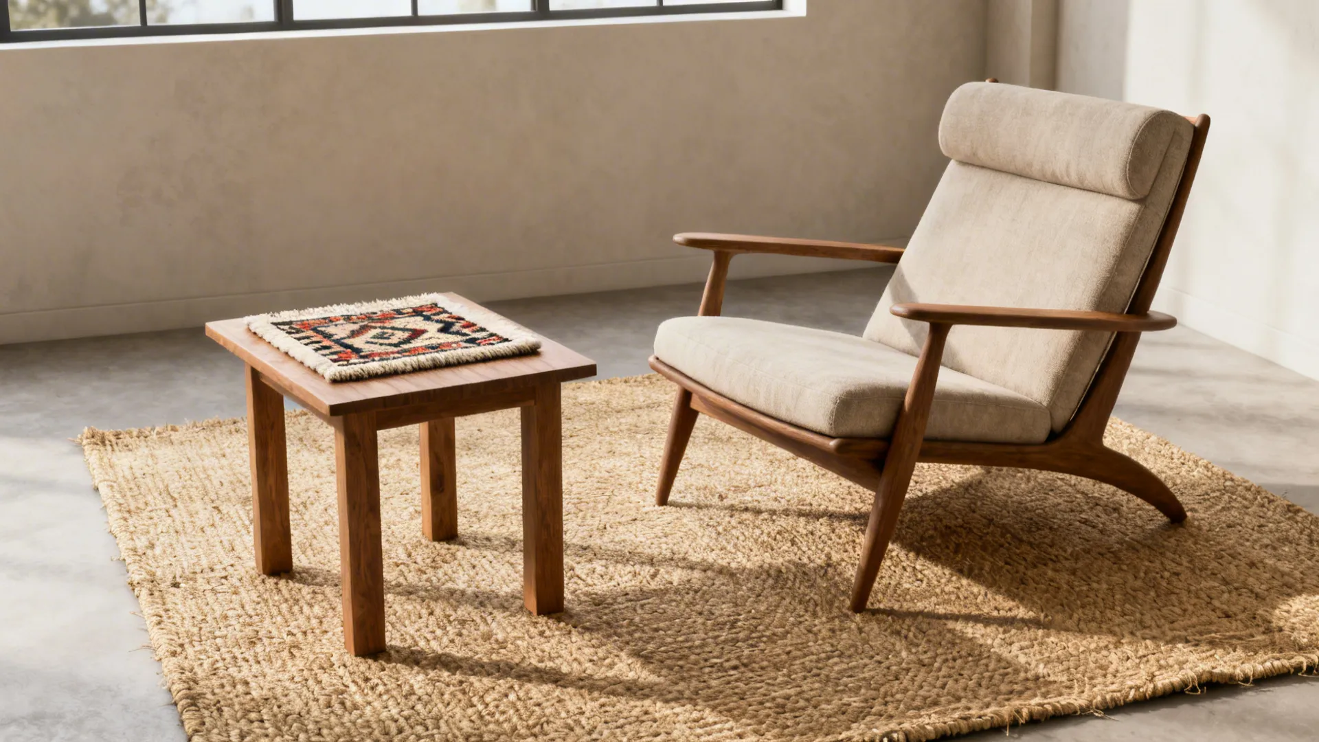 Low-pile jute rug layered with a small patterned wool rug in a mid century seating nook.