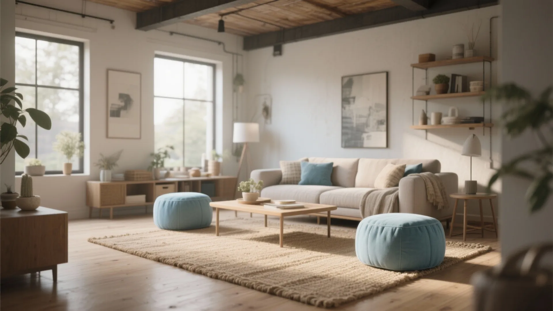 Bright living room with two blue footrest seats on a woven rug under industrial lights