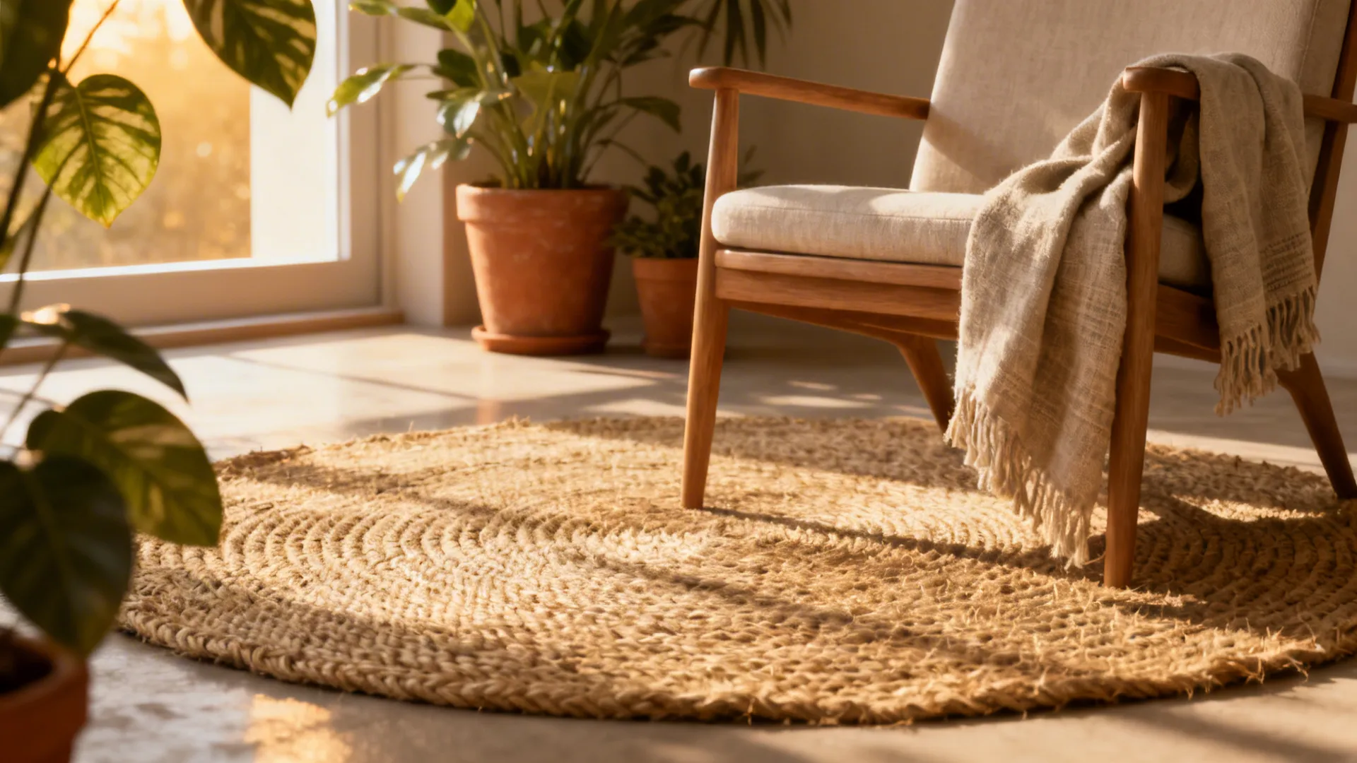 Coarse-textured jute rug under a minimalist chair creating earthy texture