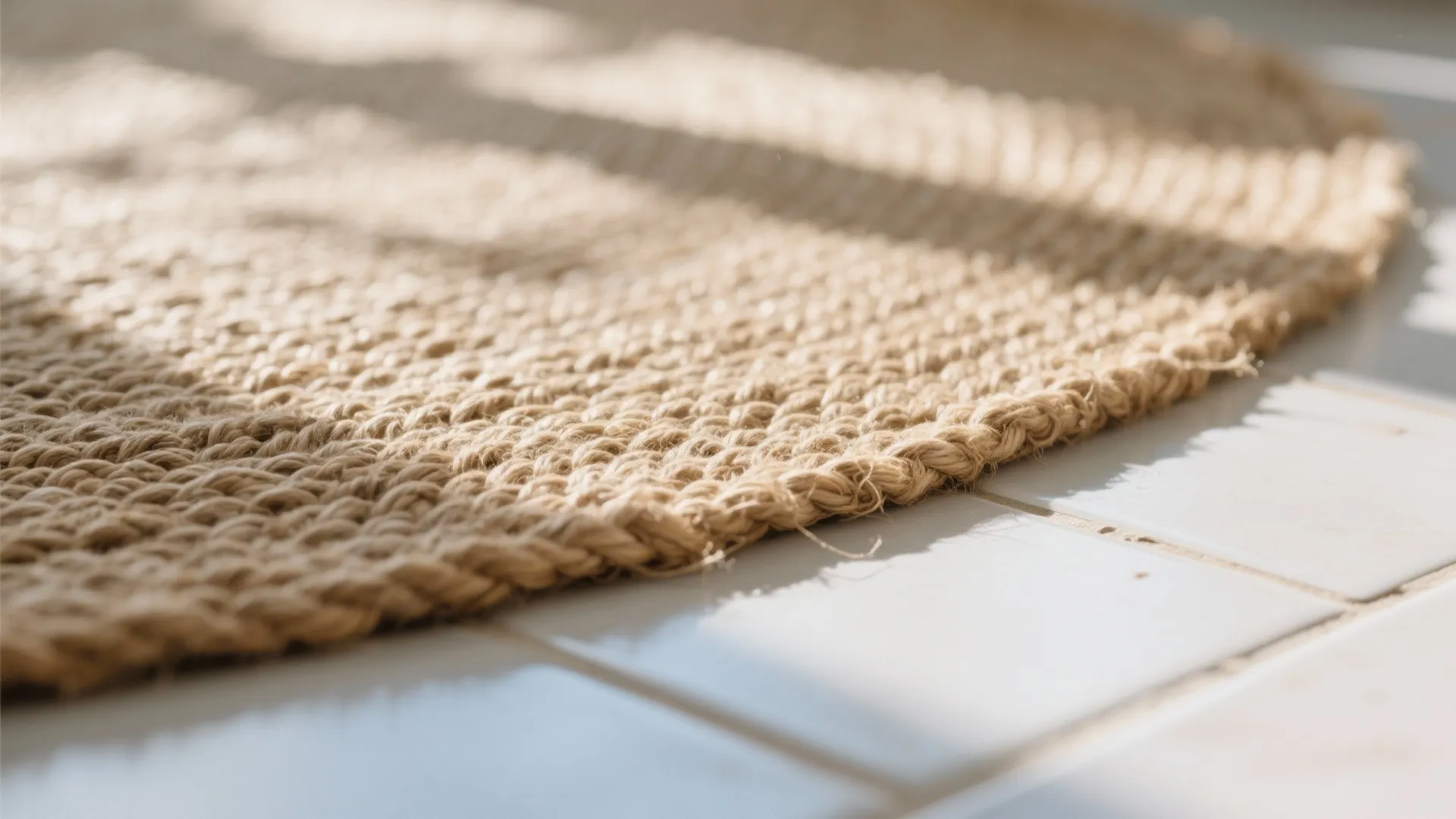Close up of a woven brown rug on white floor tiles with bright natural sunlight shadows