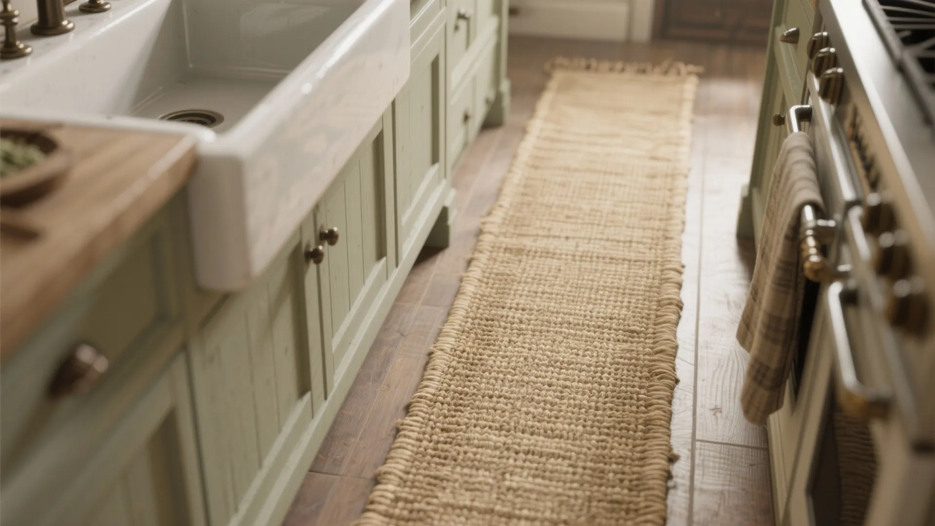 Close-up of jute runner by a farmhouse kitchen sink