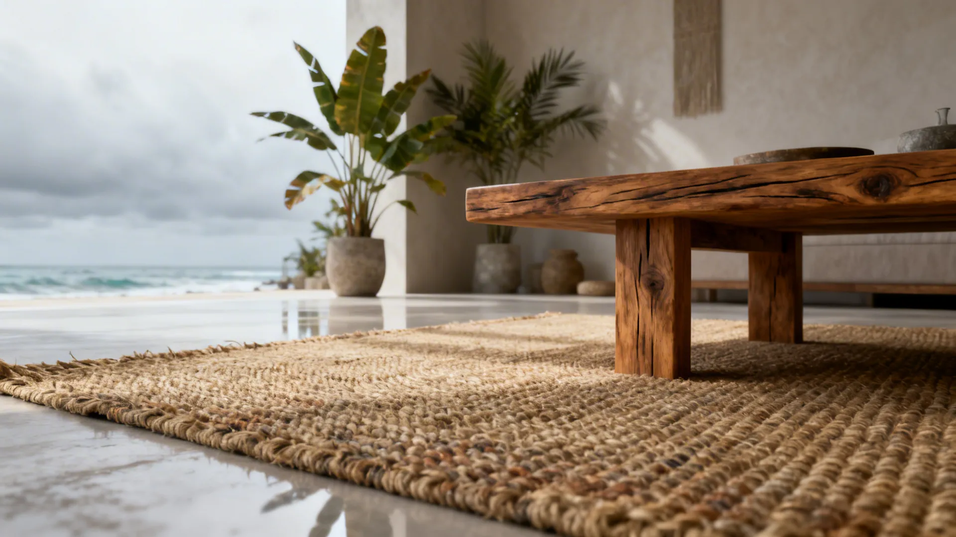 Small living room with a textured jute rug and natural, minimalist decor