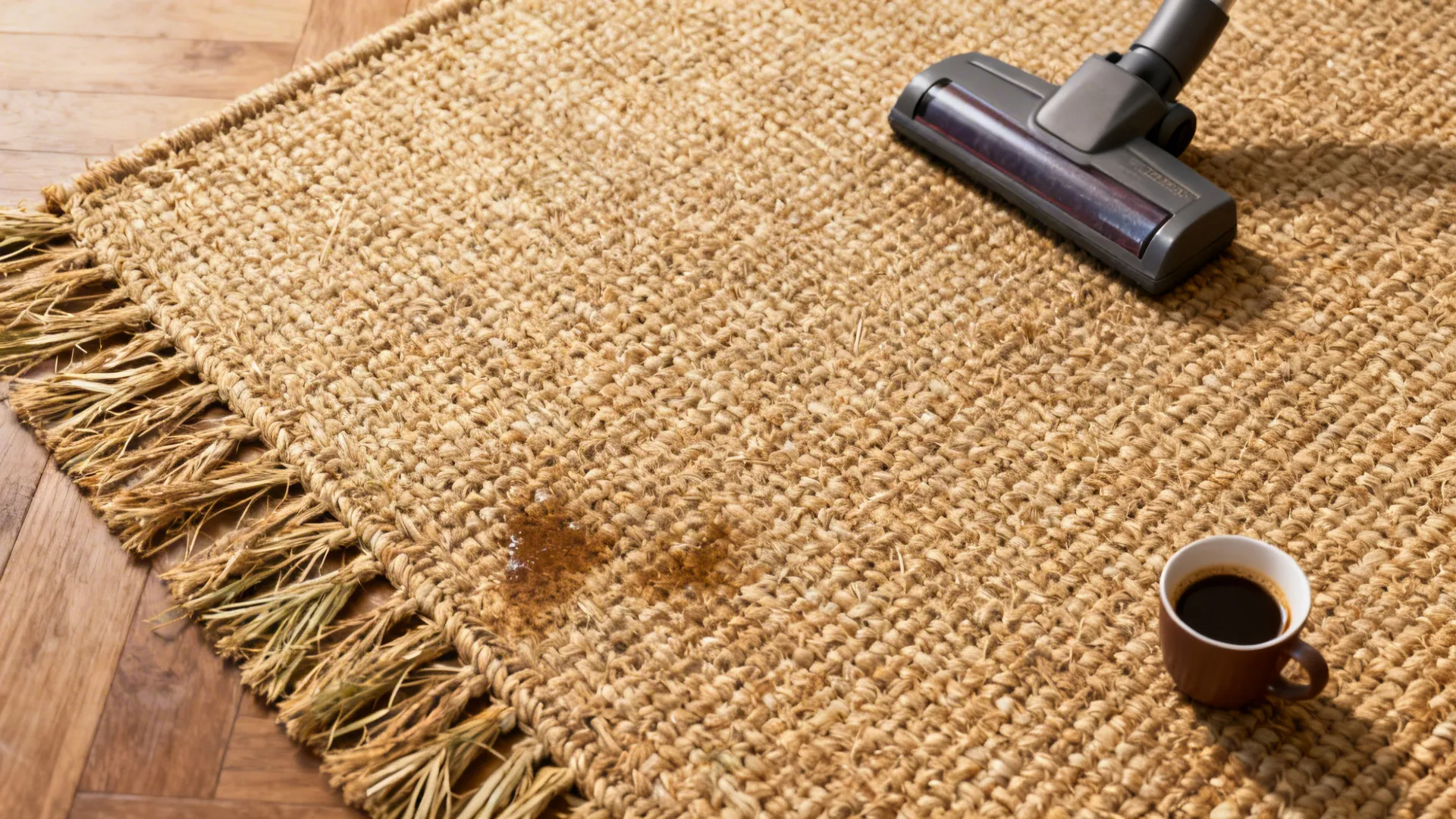 Top-down view of a jute or seagrass rug sample with protective sheen and cleaning tools.