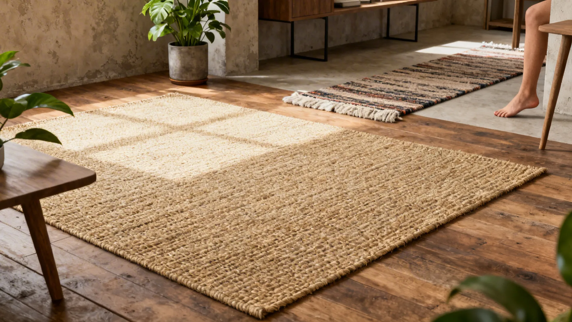 Modern minimalist room with a textured jute or sisal flatweave rug and layered wool runner
