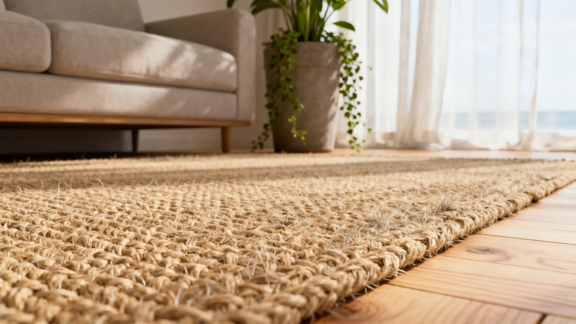 Close-up of jute rug fibers beside a sofa and plant showing natural texture.