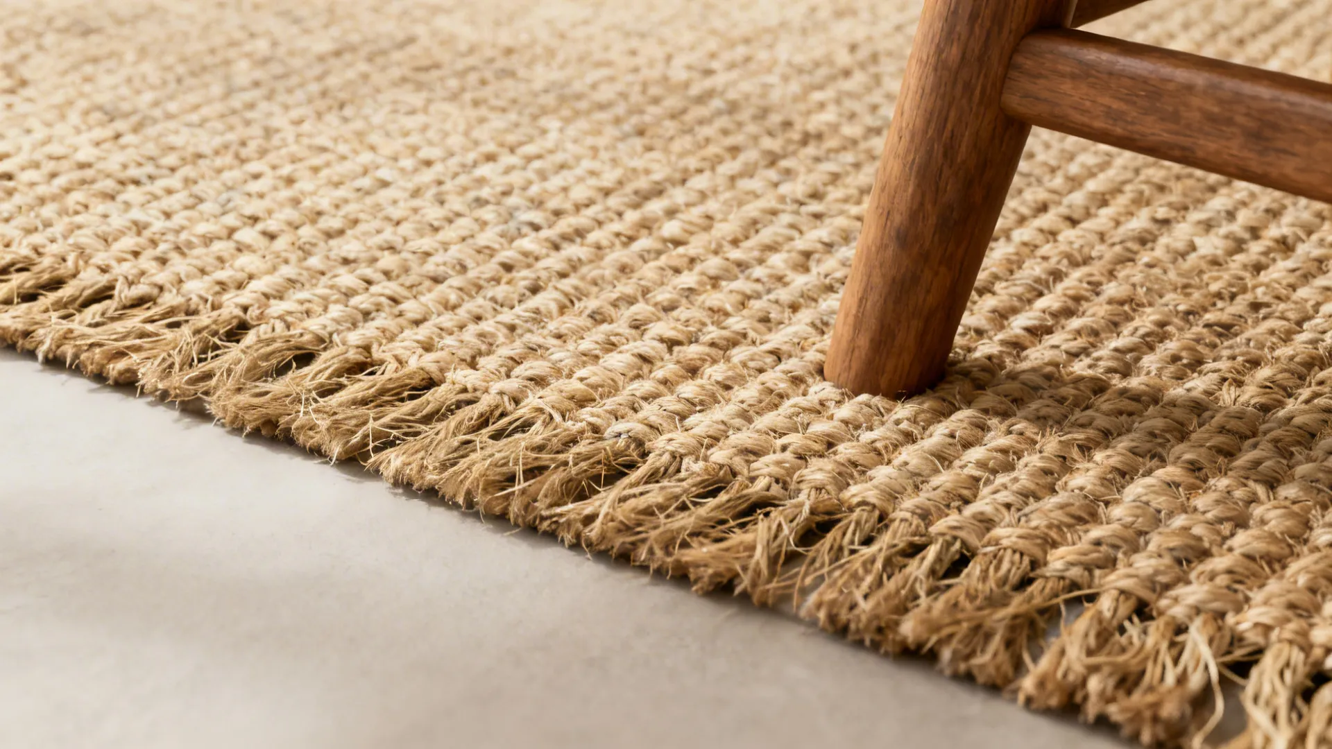 Close-up texture of a jute or sisal rug near furniture leg